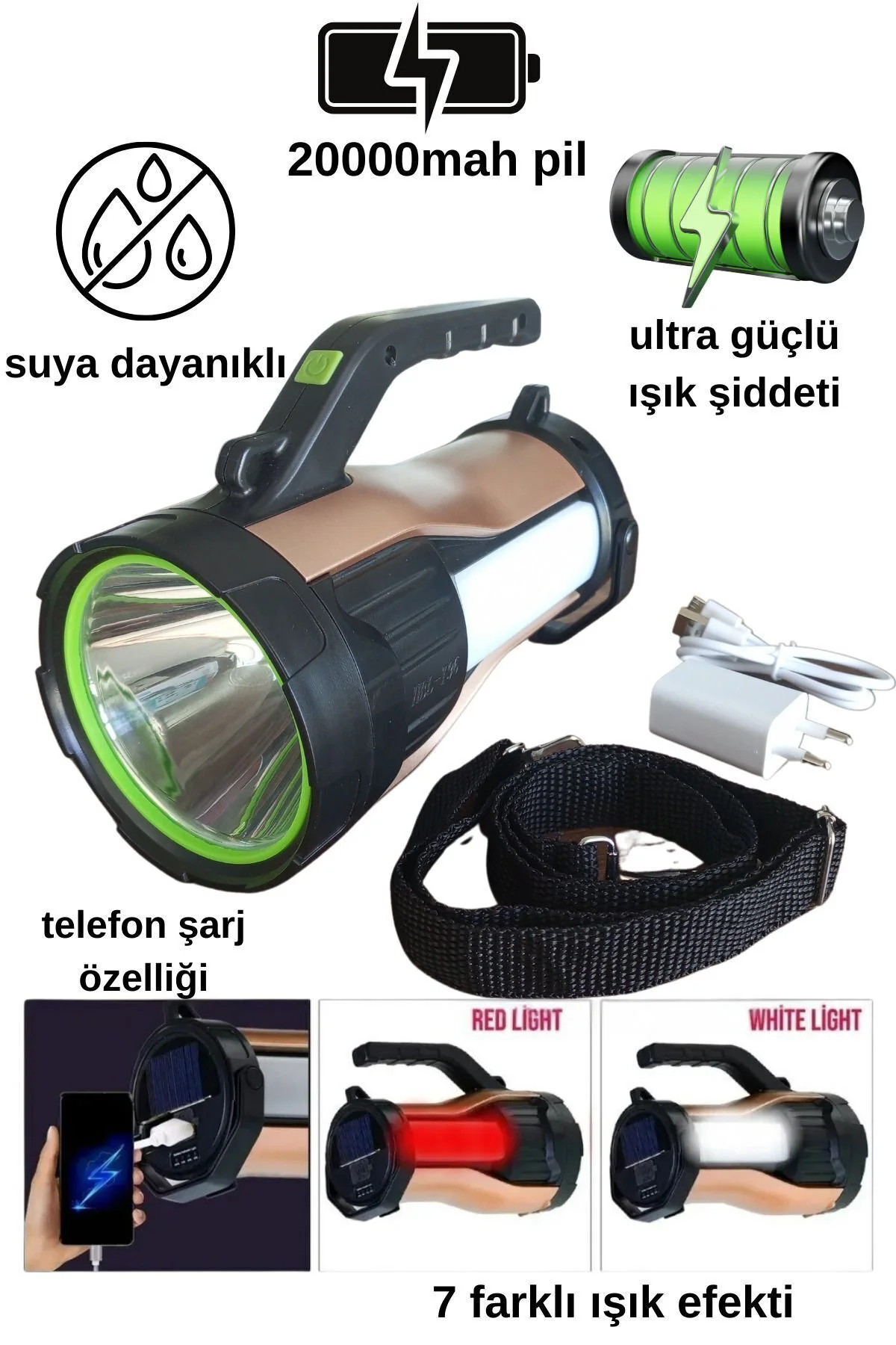 Ultra Güçlü 7 Farklı Moda Sahip Güneş Enerjili Powerbank Özellikl