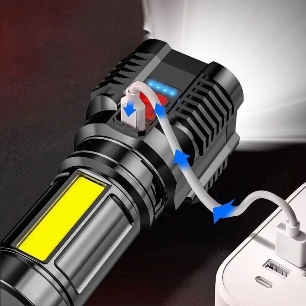Ultra Parlak El Feneri Usb Şarj 4 Led+yan Cob Led Taktik Günlük H