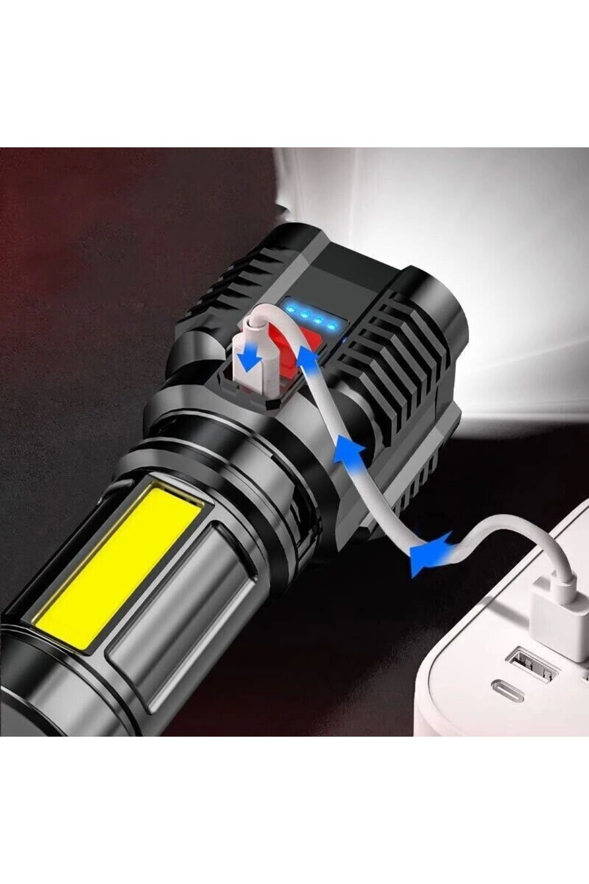Ultra Parlak El Feneri Usb Şarj 4 Led+yan Cob Led Taktik Günlük H Ultra Parlak El Feneri Usb Şarj 4 Led+yan Cob Led Taktik Günlük H