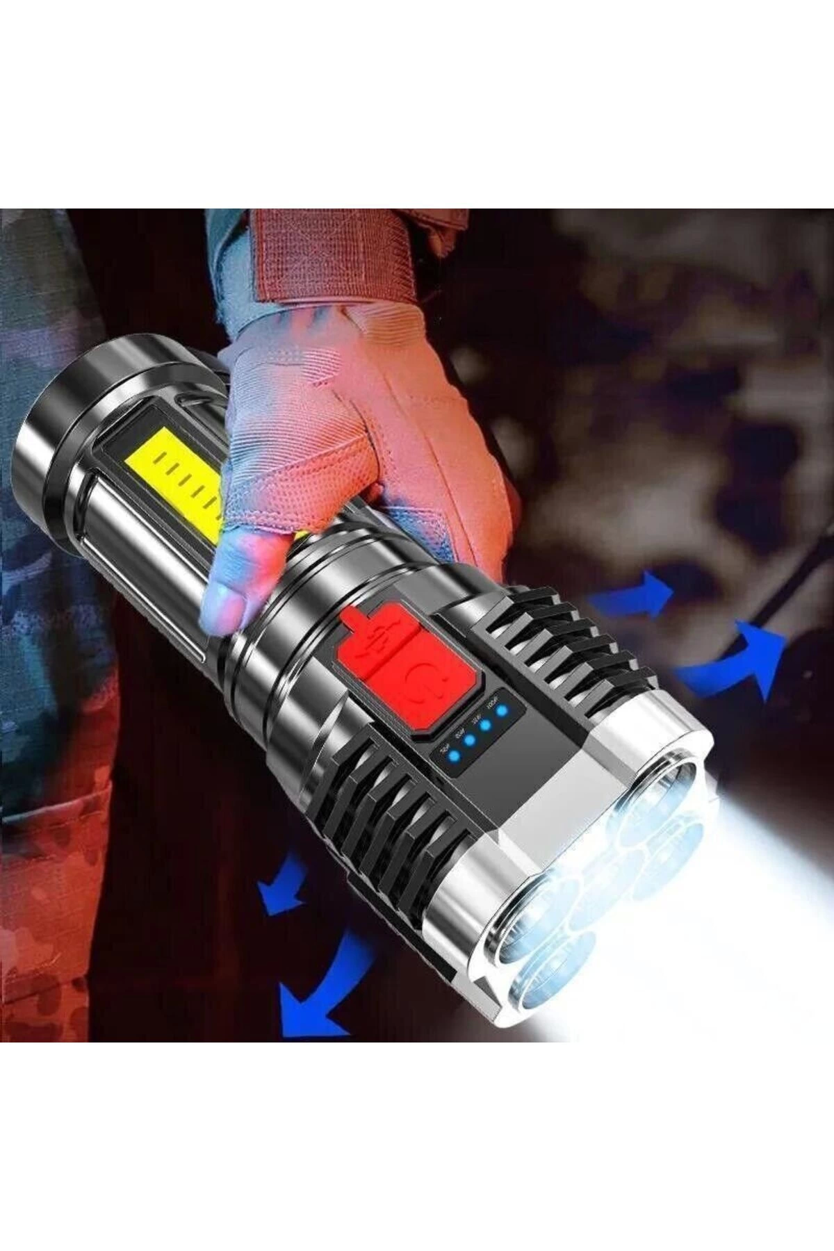 Ultra Parlak El Feneri Usb Şarj 4 Led+yan Cob Led Taktik Günlük H Ultra Parlak El Feneri Usb Şarj 4 Led+yan Cob Led Taktik Günlük H