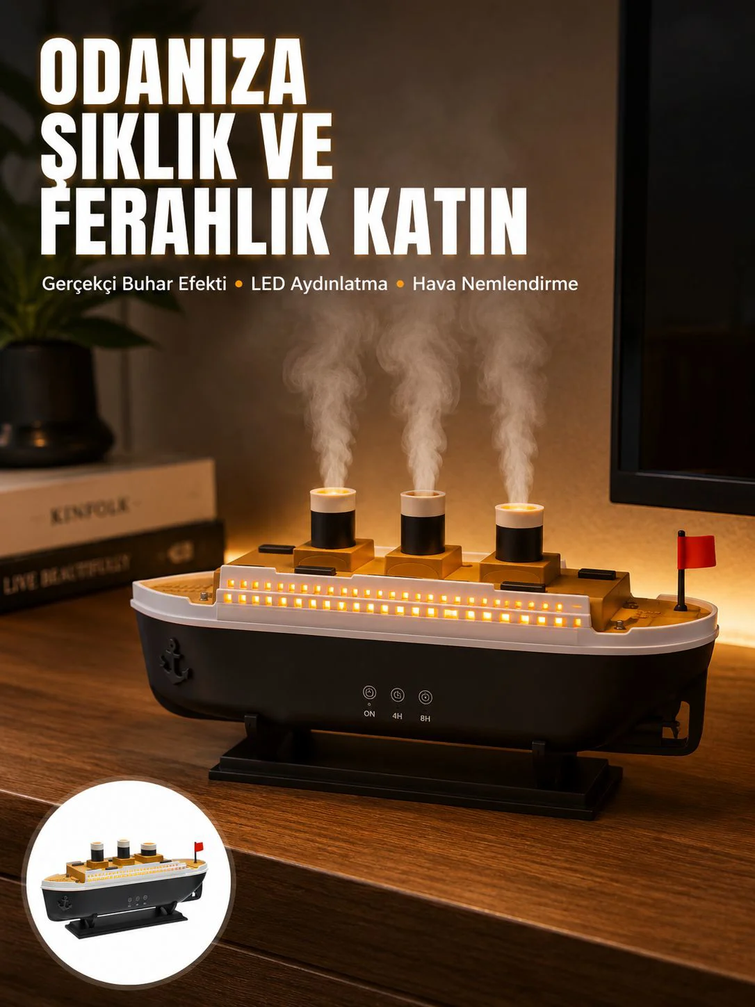Ultra Sessiz Titanik Gemi LED Işıklı Aroma Difüzörü Oda Nemlendirici Yeni Nesil