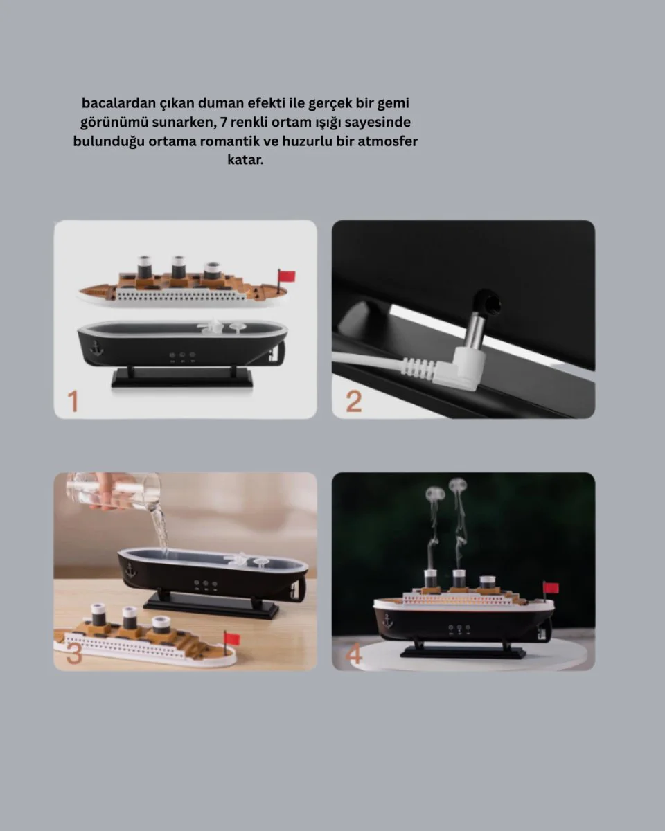 Ultra Sessiz Titanik Gemi LED Aroma Difüzörü ve Nemlendirici - Oda Dekorasyonu ve Nemlendirme Çözümü