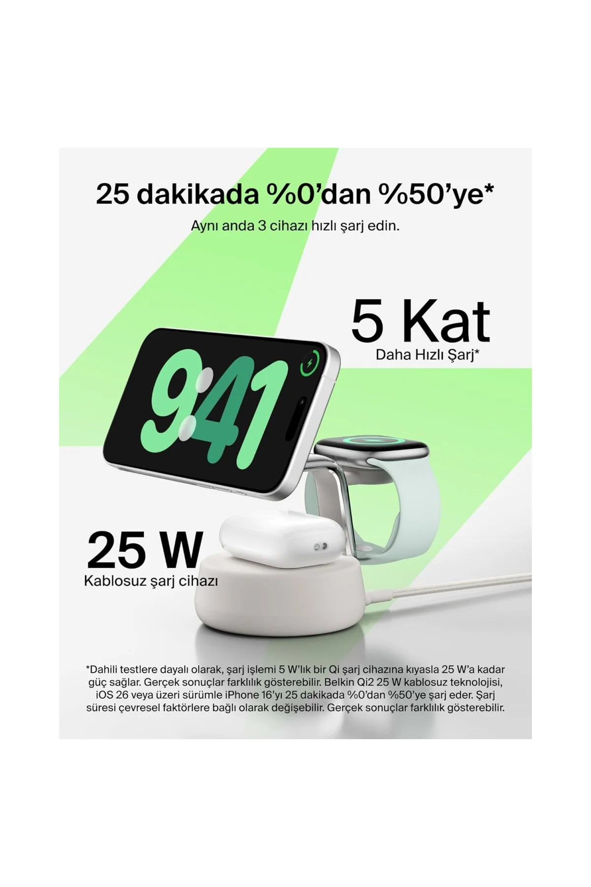UltraCharge Pro MagSafe Uyumlu 3’ü 1 Arada Qi2 25W Kablosuz Şarj Cihazı, iPhone 17, A