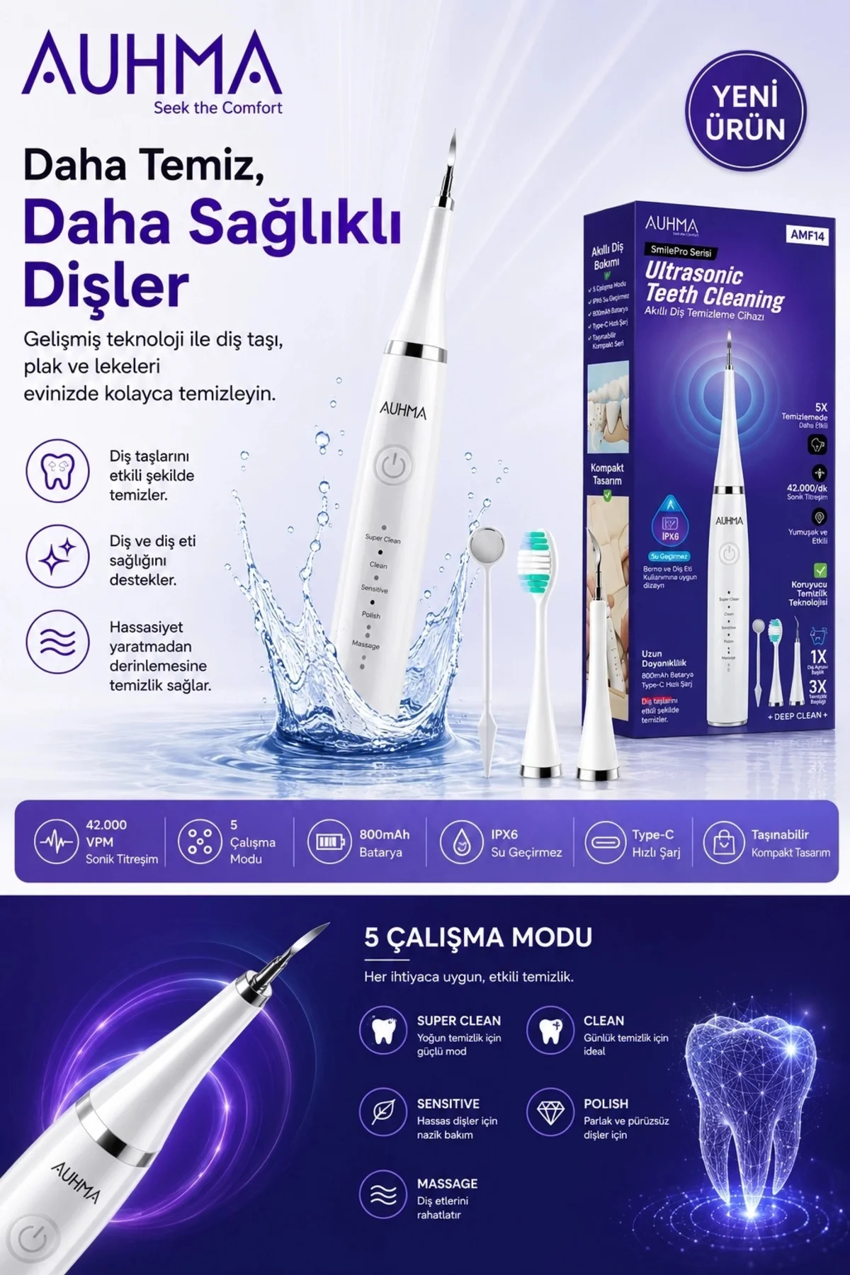Ultrasonic Şarjlı Elektrikli Akıllı Diş Temizleme Cihazı Beyazlatıcı 5 Mod 3+1 Başlık, Ipx8 Su Geçi Ultrasonic Şarjlı Elektrikli Akıllı Diş Temizleme Cihazı Beyazlatıcı 5 Mod 3+1 Başlık, Ipx8 Su Geçi - Görsel 2