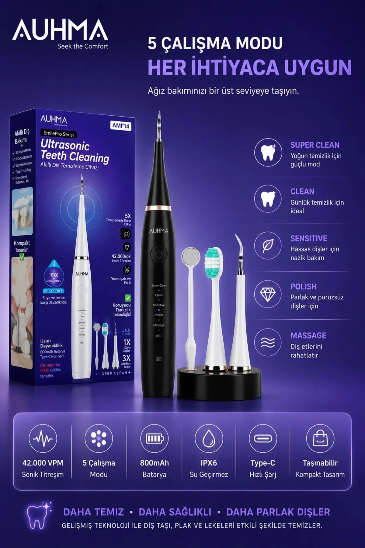 Ultrasonic Şarjlı Elektrikli Akıllı Diş Temizleme Cihazı Beyazlatıcı 5 Mod 3+1 Başlık, Ipx8 Su Geçir Ultrasonic Şarjlı Elektrikli Akıllı Diş Temizleme Cihazı Beyazlatıcı 5 Mod 3+1 Başlık, Ipx8 Su Geçir