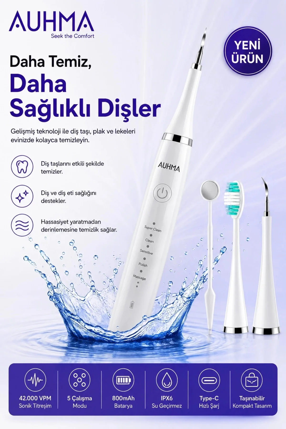 Ultrasonic Şarjlı Elektrikli Akıllı Diş Temizleme Cihazı Beyazlatıcı 5 Mod 3+1 Başlık, Ipx8 Su Geçi Ultrasonic Şarjlı Elektrikli Akıllı Diş Temizleme Cihazı Beyazlatıcı 5 Mod 3+1 Başlık, Ipx8 Su Geçi