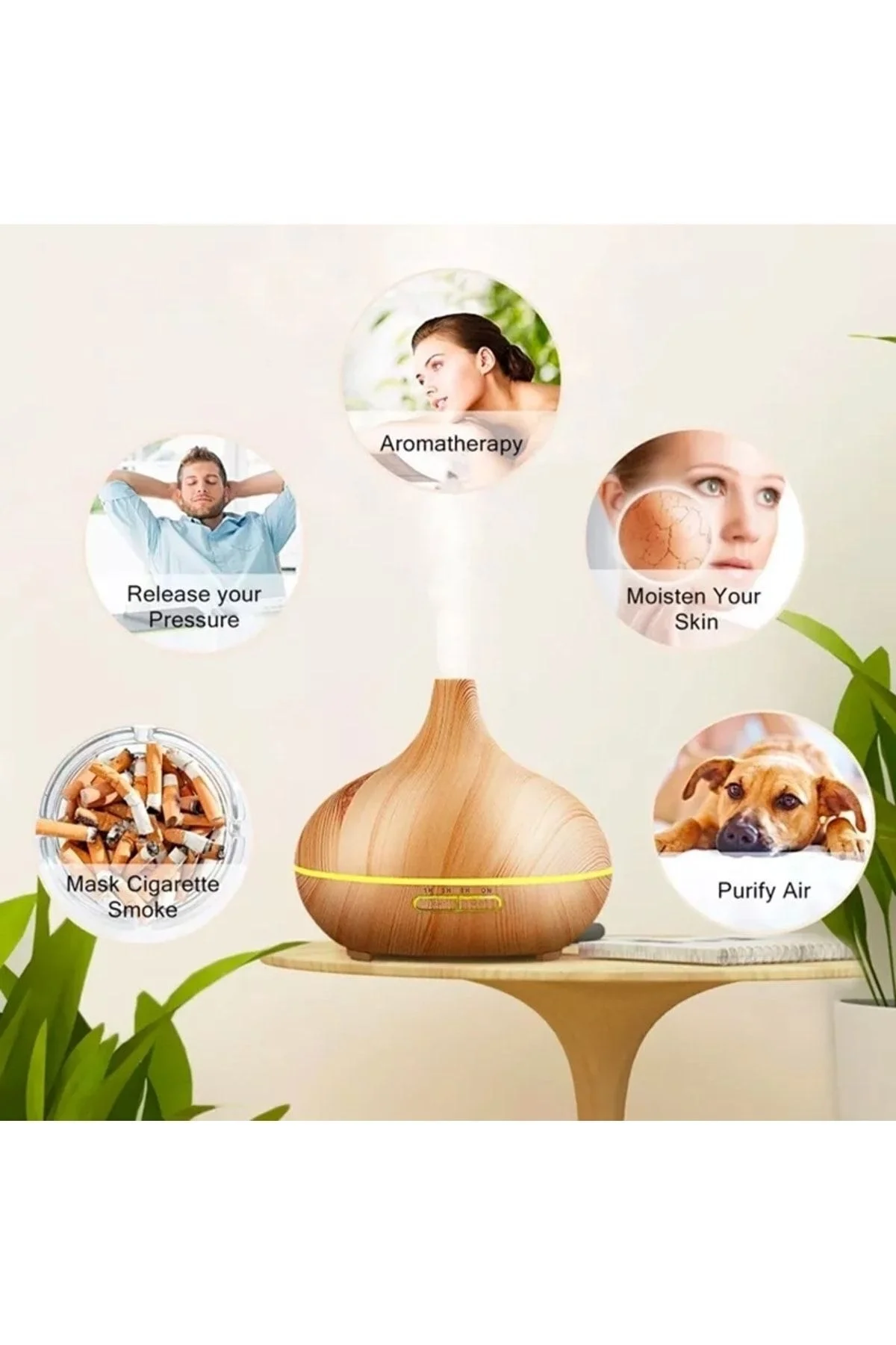 Ultrasonik ahşap desenli hava nemlendirici kumandalı aroma difüzörü 550 ml 7 renk led