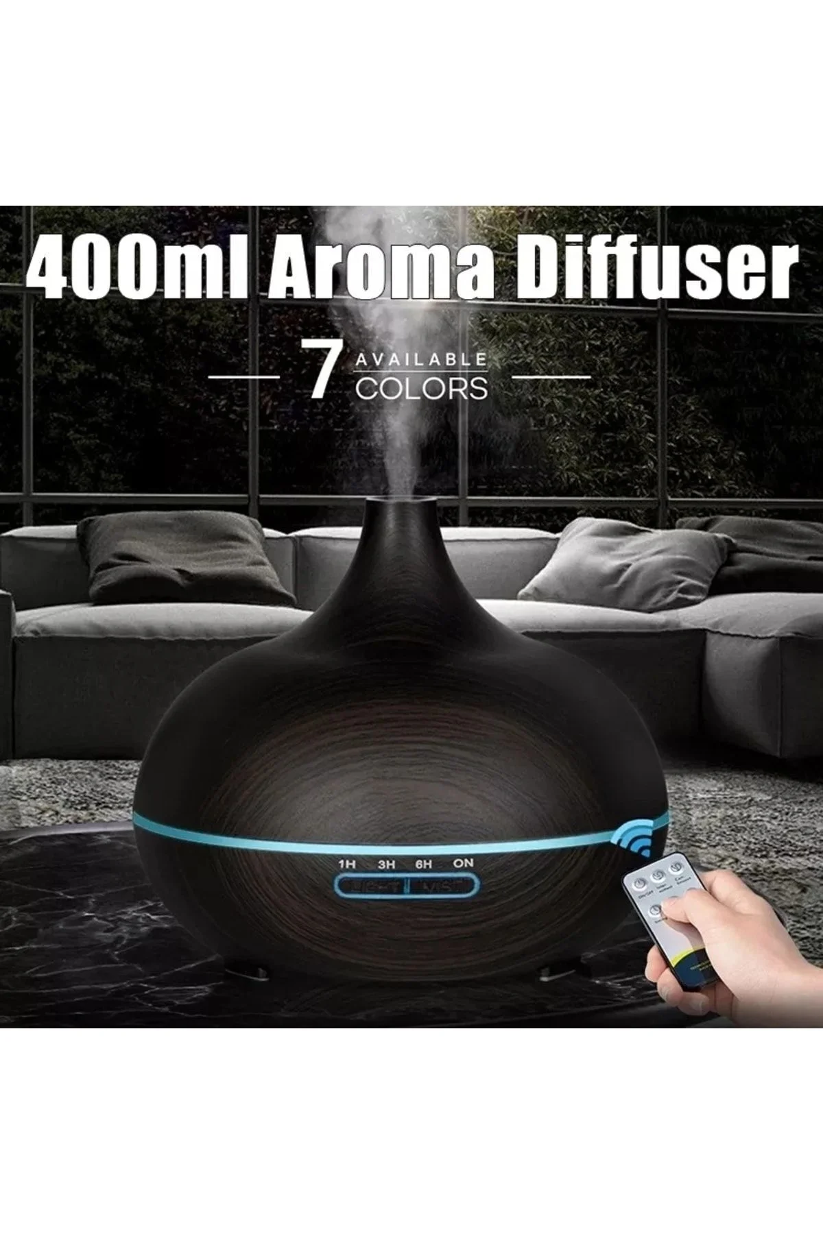 Ultrasonik ahşap desenli hava nemlendirici kumandalı aroma difüzörü 550 ml 7 renk led