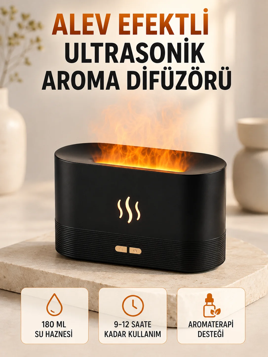 Ultrasonik Aromaterapi Difüzörü 180 ML Hazneli Dekoratif Alev Efektli Nemlendirici Ultrasonik Aromaterapi Difüzörü 180 ML Hazneli Dekoratif Alev Efektli Nemlendirici