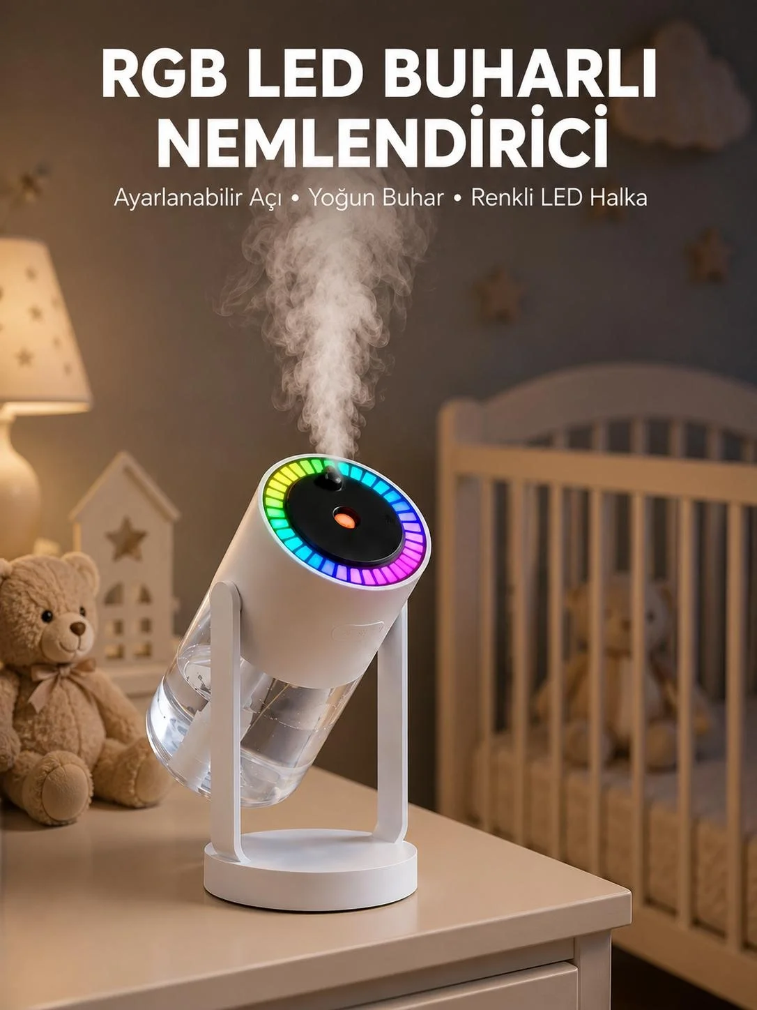 Ultrasonik Hava Nemlendirici Renkli Işık ve Manuel Püskürtme Ayarı Yeni Nesil