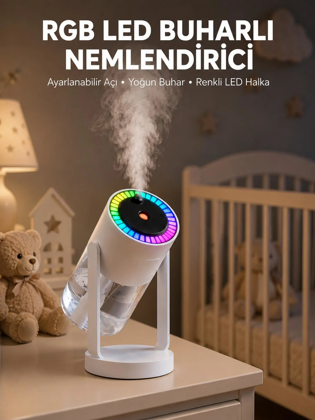 Ultrasonik Hava Nemlendirici Renkli Işık ve Manuel Püskürtme Ayarı Yeni Nesil