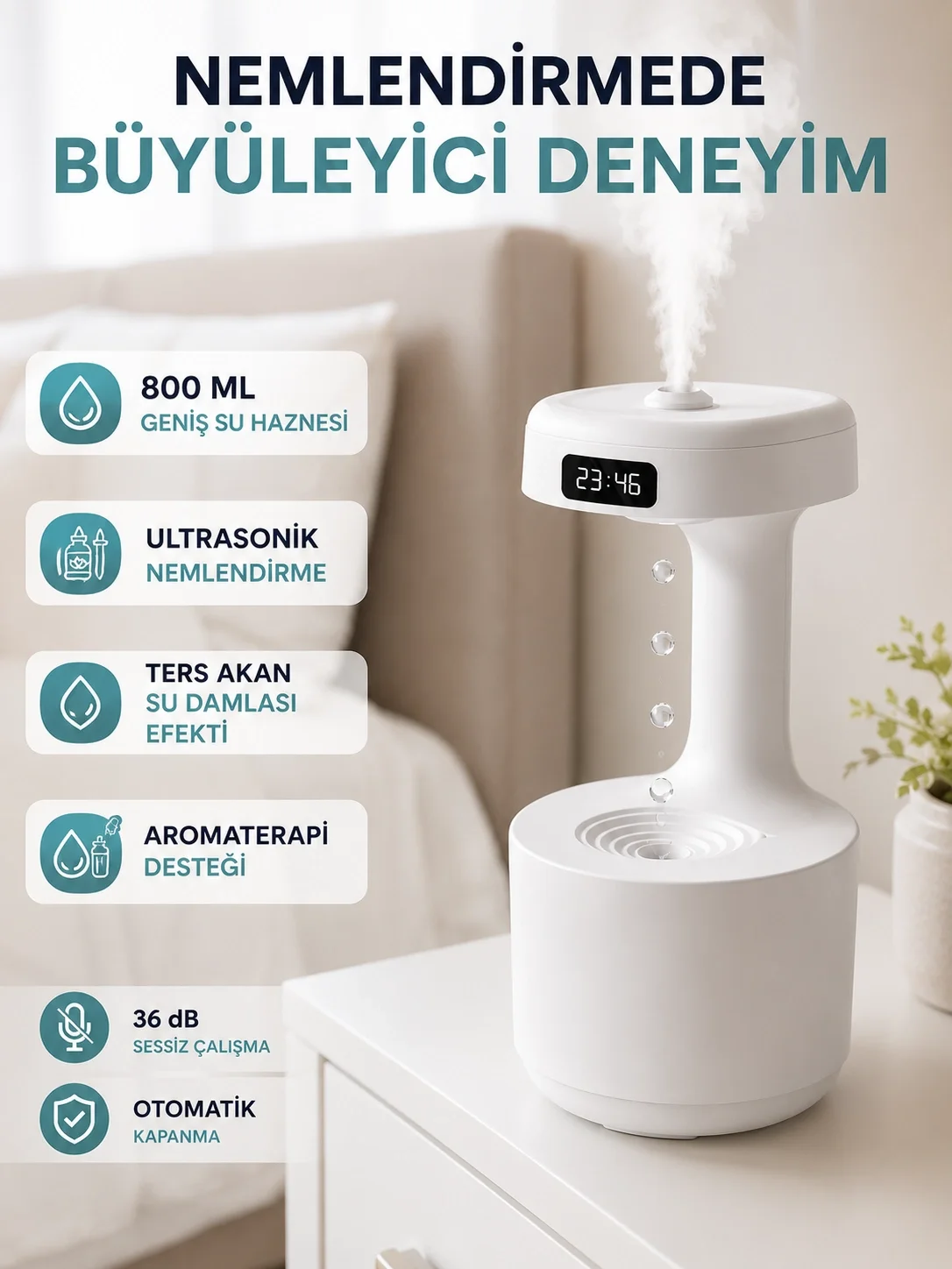 Ultrasonik Hava Nemlendirici 800 ml Aromaterapi Difüzör Ters Su Damlası Efektli Fiyatı, Yorumları ve Özellikleri
