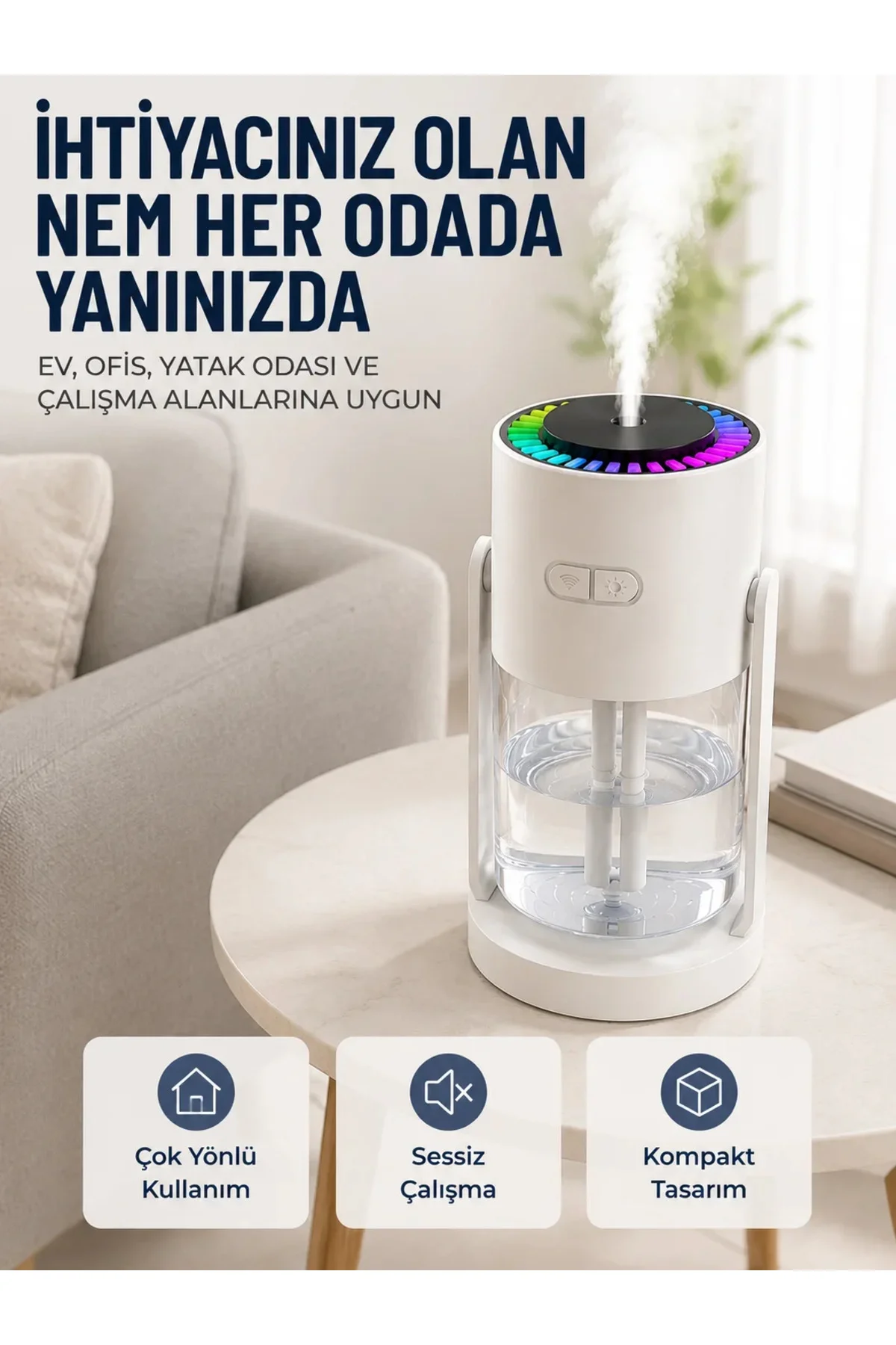Ultrasonik Hava Nemlendirici Renkli LED Işıklı Sessiz Oda Nemlendirme Cihazı