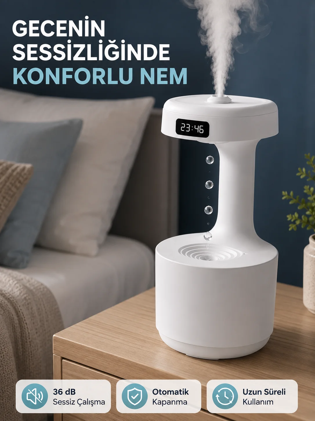 Ultrasonik Hava Nemlendirici 800 ml Aromaterapi Difüzör Ters Su Damlası Efektli Ultrasonik Hava Nemlendirici 800 ml Aromaterapi Difüzör Ters Su Damlası Efektli