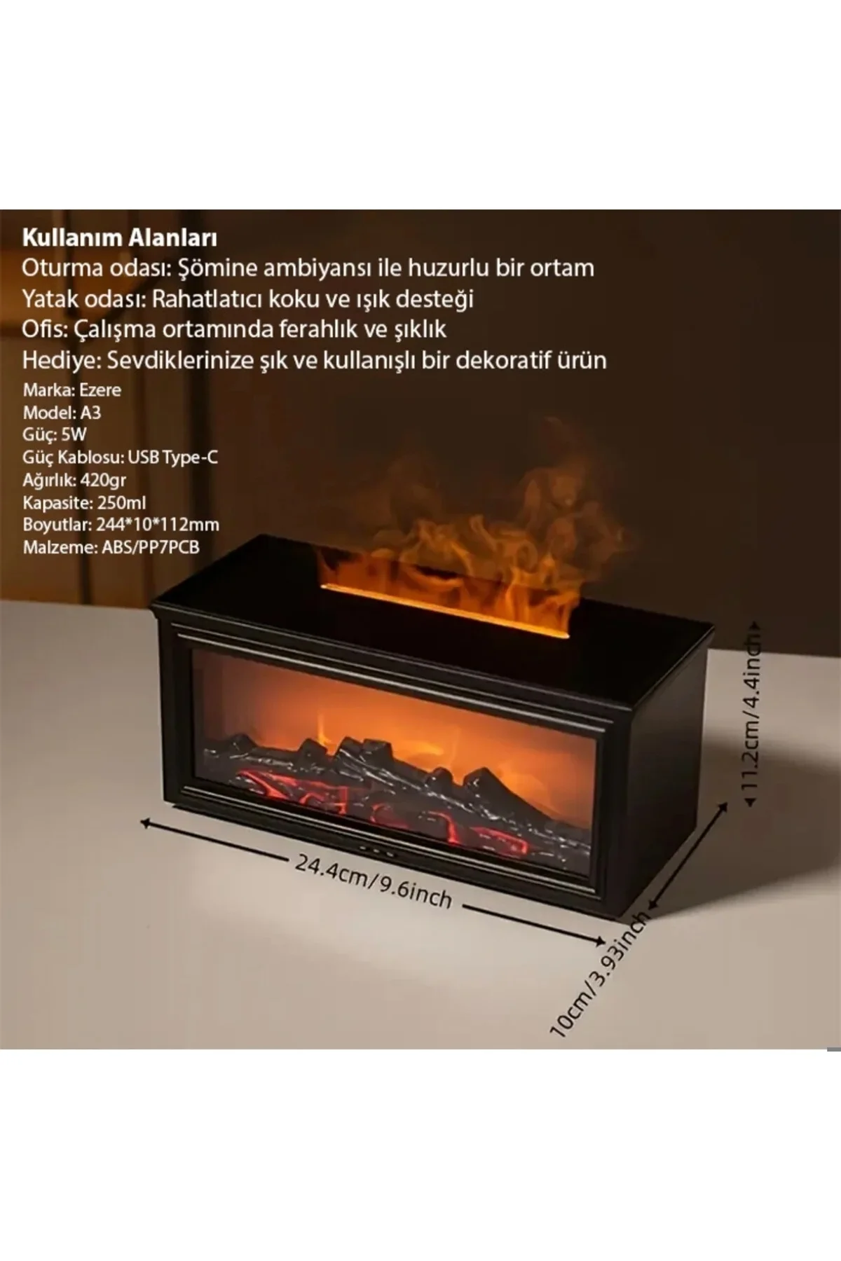 Ultrasonik şömine görünümlü hava nemlendirici 250 ml bordo 220-240V 2 yıl garantili