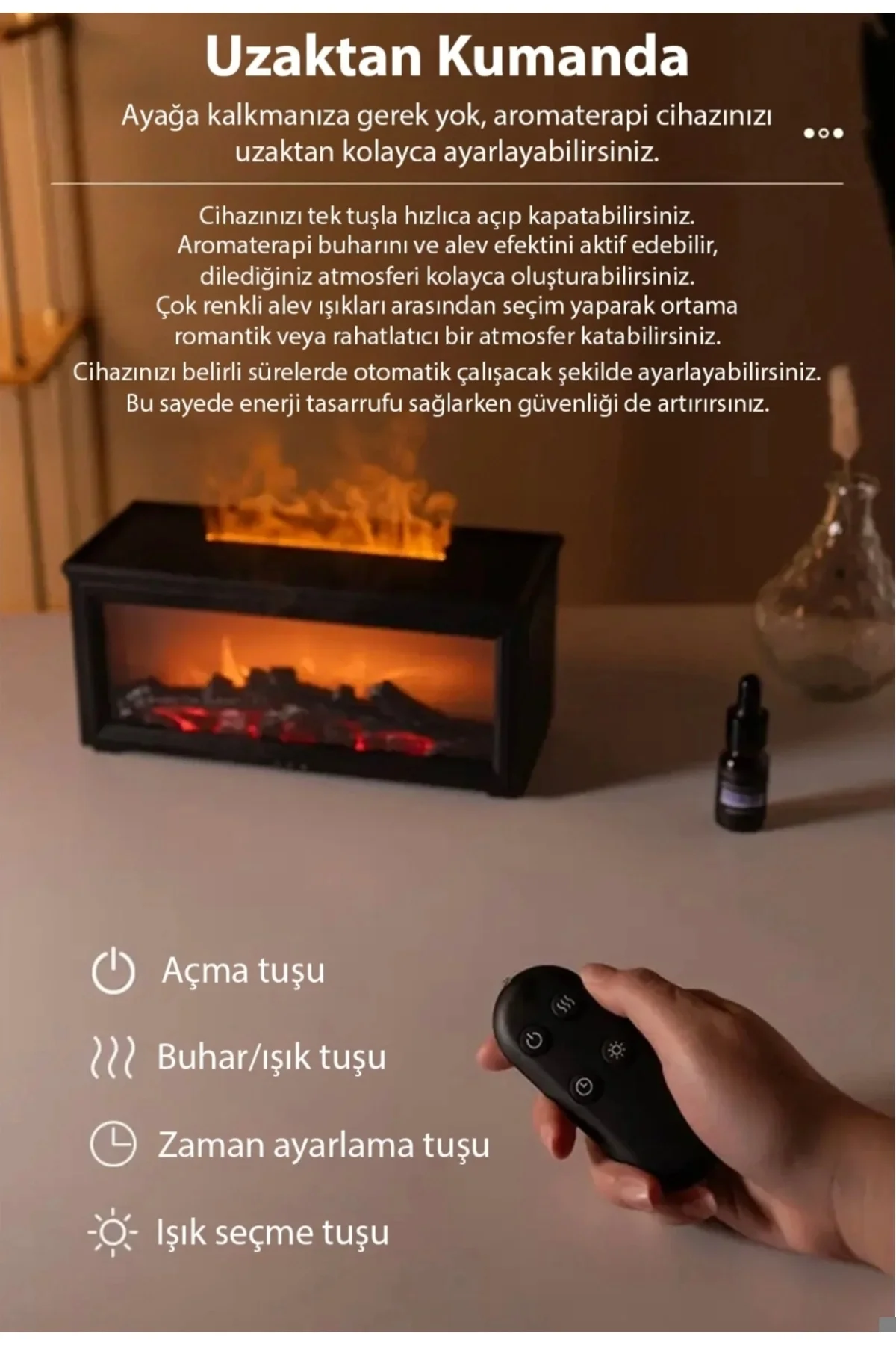 Ultrasonik şömine görünümlü hava nemlendirici 250 ml bordo 220-240V 2 yıl garantili