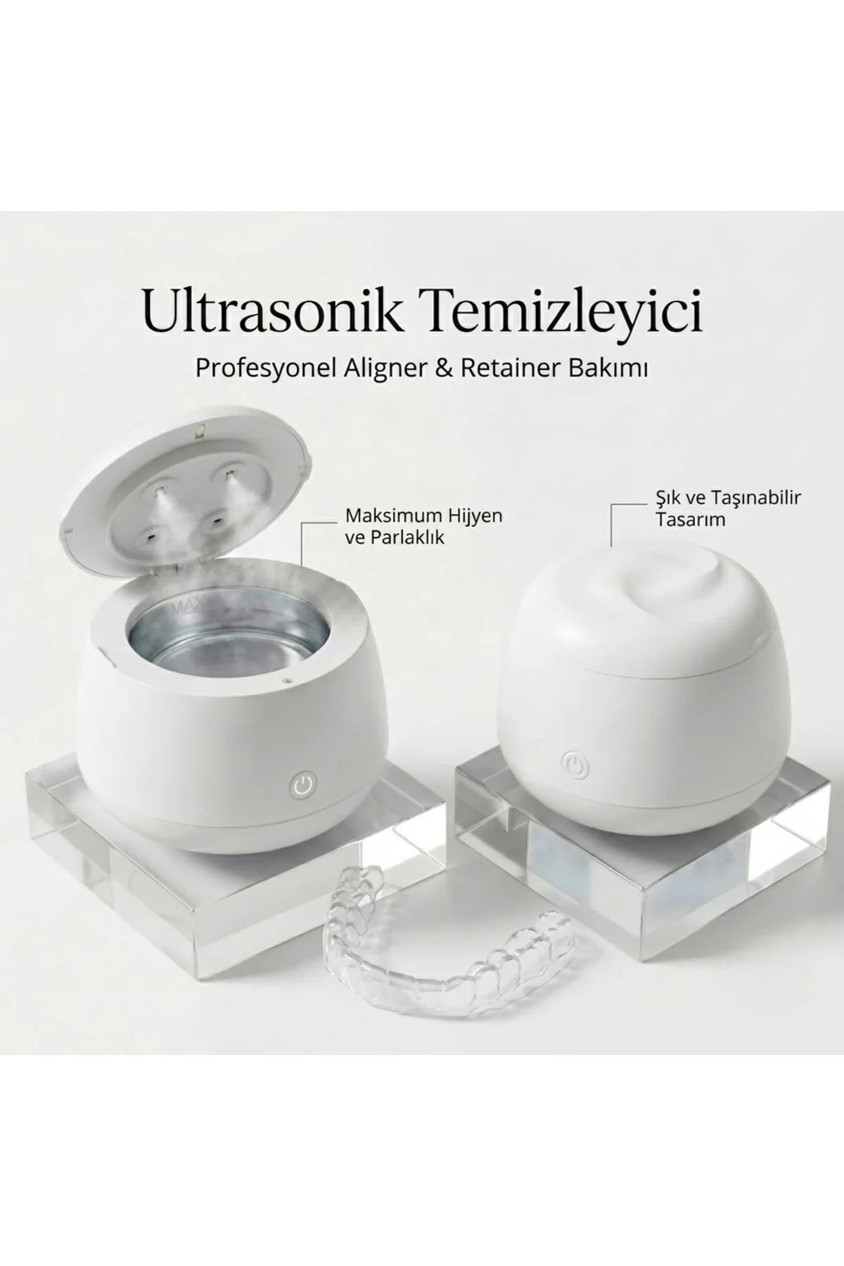 Ultrasonik Temizleyici Şeffaf Plak, Retainer, Ağızlık ve Takı Temizleme Cihazı - Beyaz Ultrasonik Temizleyici Şeffaf Plak, Retainer, Ağızlık ve Takı Temizleme Cihazı - Beyaz