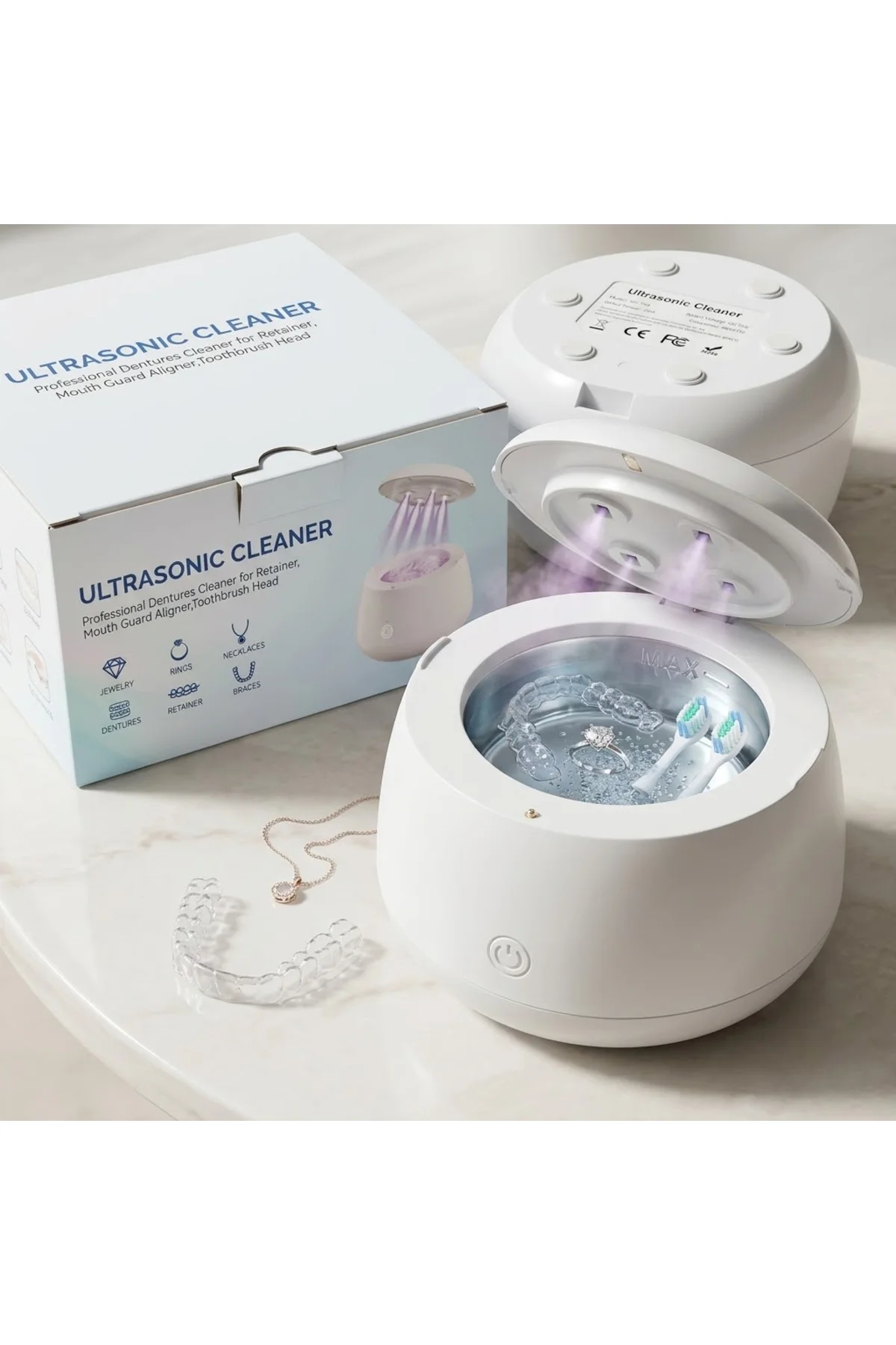 Ultrasonik Temizleyici Şeffaf Plak, Retainer, Ağızlık ve Takı Temizleme Cihazı - Beyaz Ultrasonik Temizleyici Şeffaf Plak, Retainer, Ağızlık ve Takı Temizleme Cihazı - Beyaz