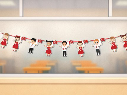 Ulusal Bayramlar El Ele Tutuşan Çocuk Flama Karton Banner Okul Sü