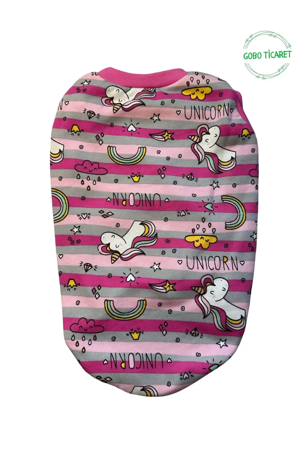 Unicorn Desenli Çizgili Pembe Kedi Köpek Kıyafeti Elbisesi Pembe