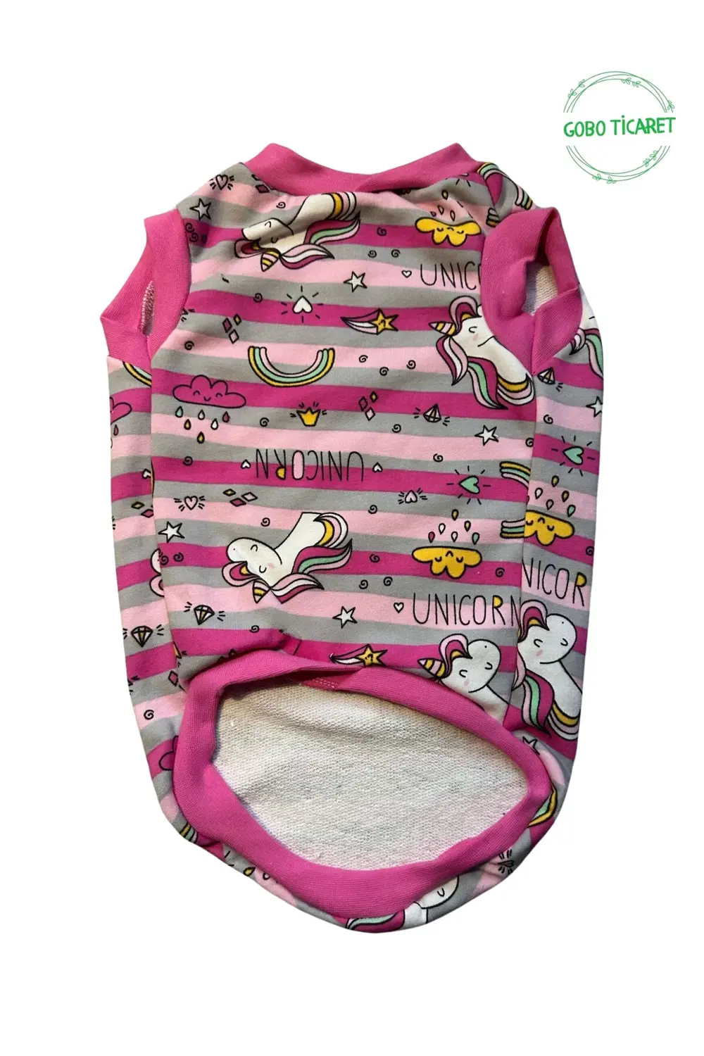 Unicorn Desenli Çizgili Pembe Kedi Köpek Kıyafeti Elbisesi Pembe