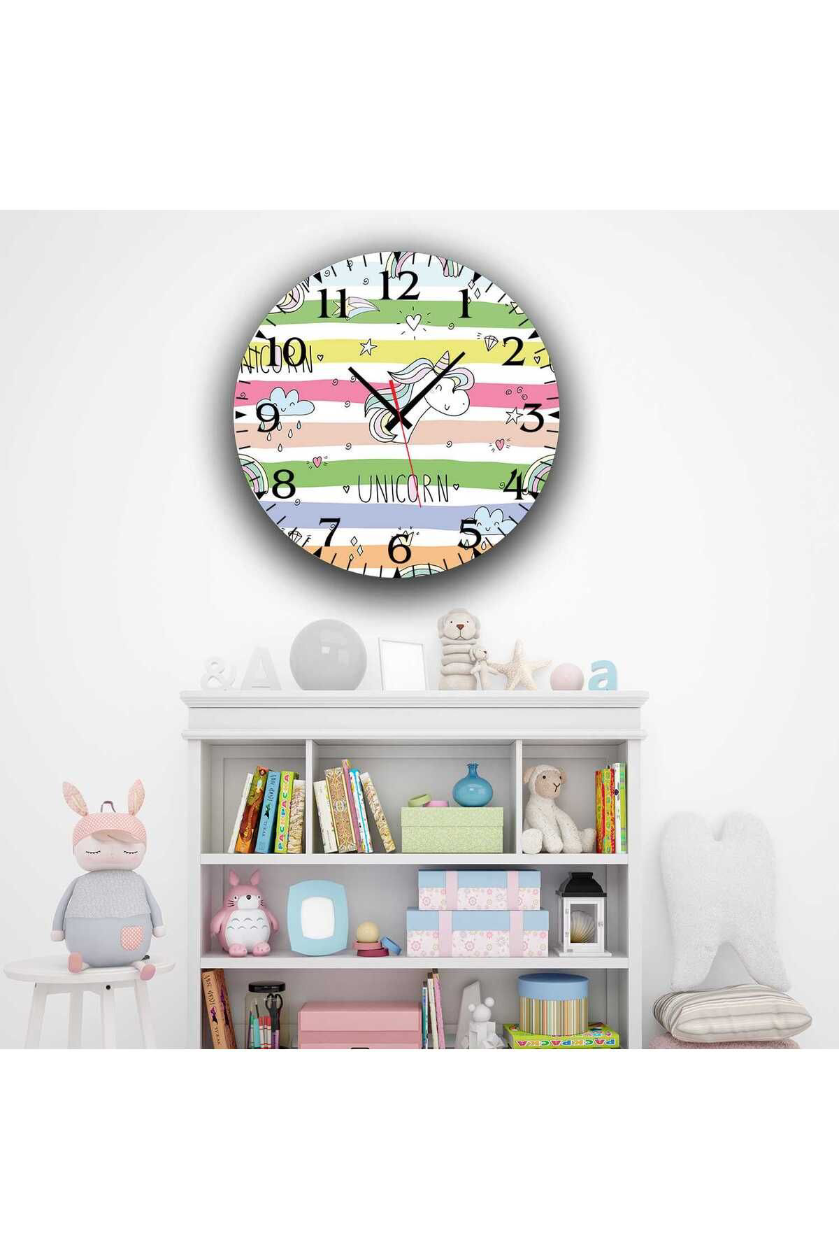 Evan Home Unicorn Desenli Çocuk Odası Takım Perde (İki Kanat),Yatak Örtüsü,Yastık,Kırlent ,Halı,Saat