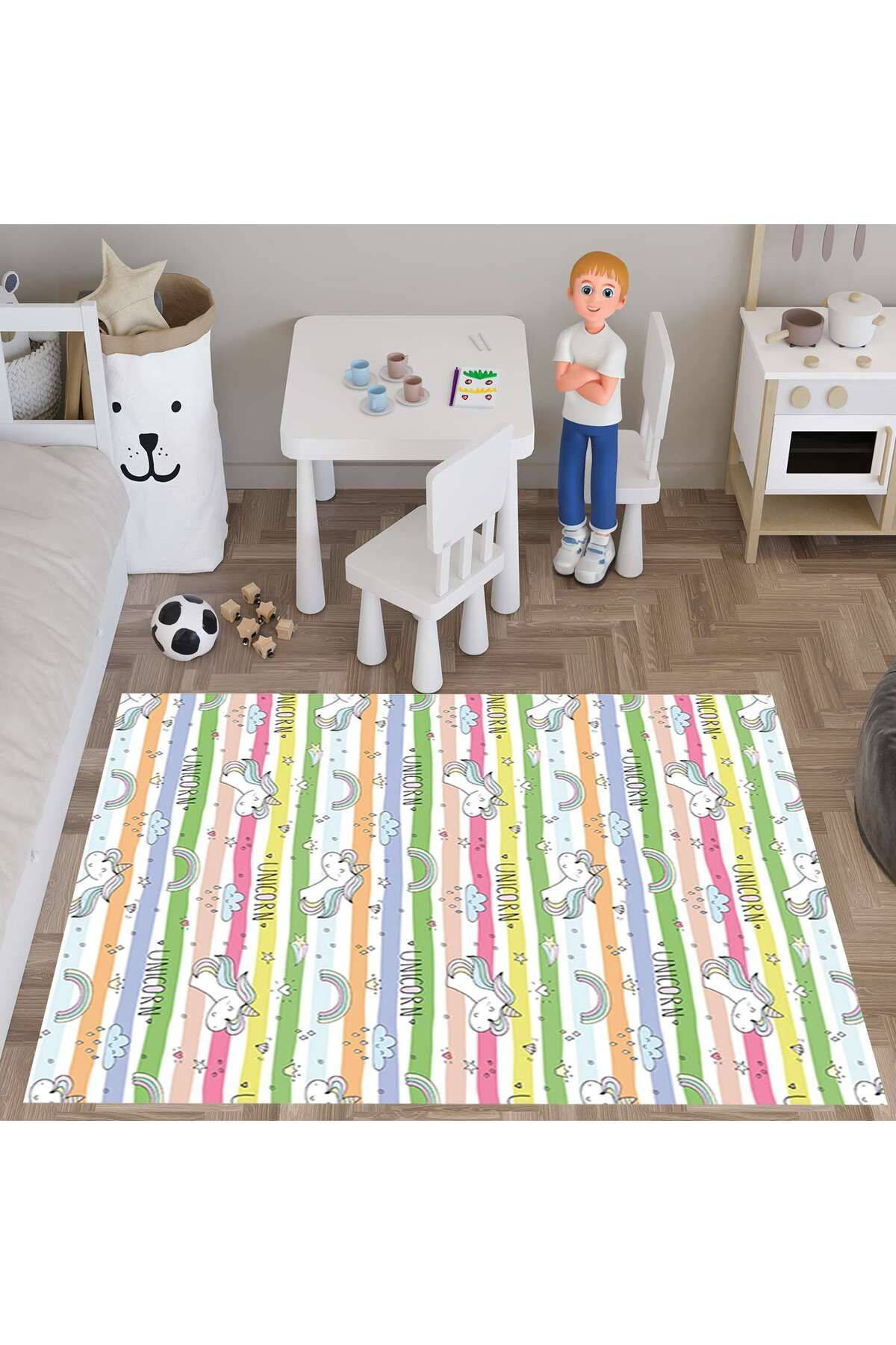 Evan Home Unicorn Desenli Çocuk Odası Takım Perde (İki Kanat),Yatak Örtüsü,Yastık,Kırlent ,Halı,Saat