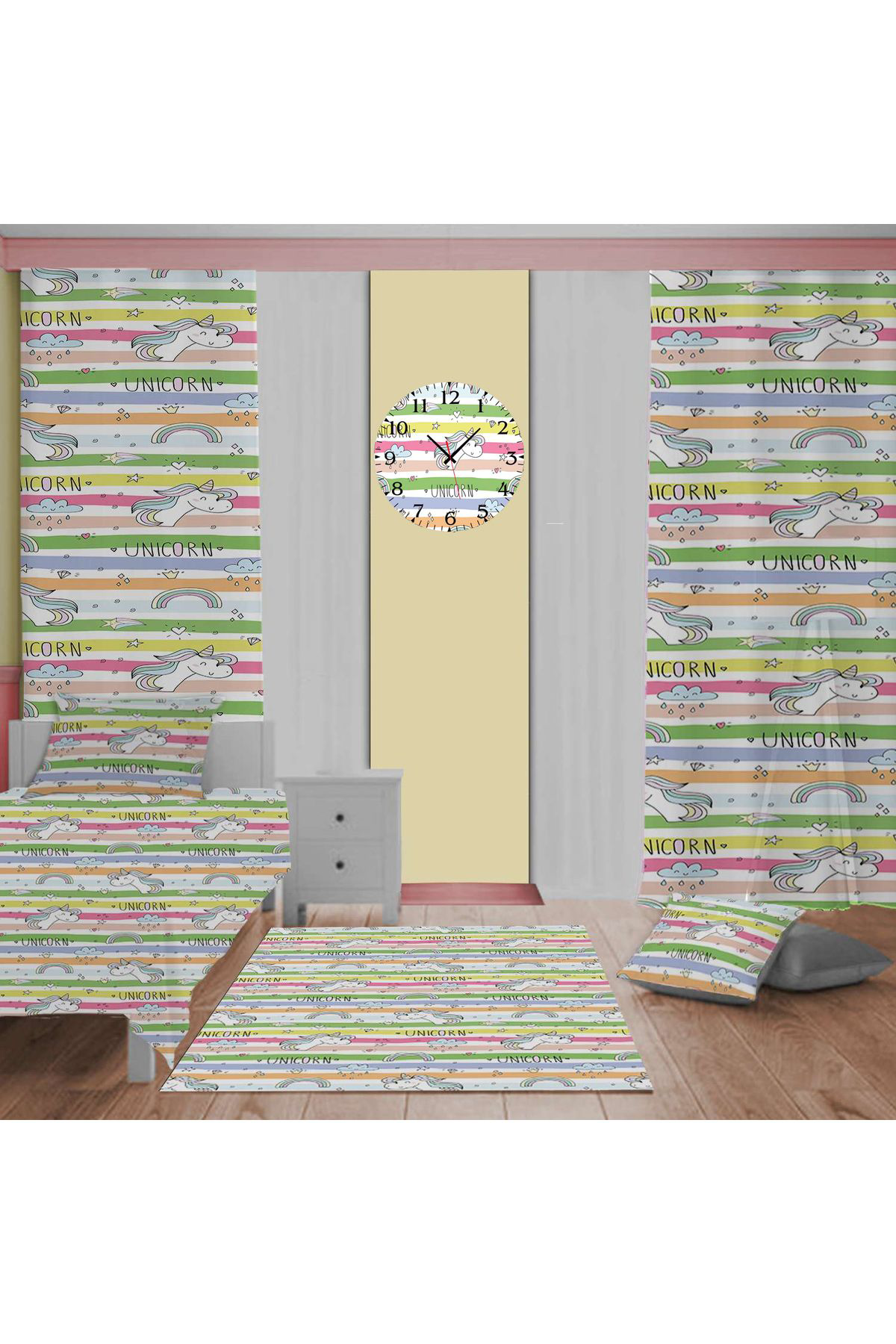 Evan Home Unicorn Desenli Çocuk Odası Takım Perde (İki Kanat),Yatak Örtüsü,Yastık,Kırlent ,Halı,Saat