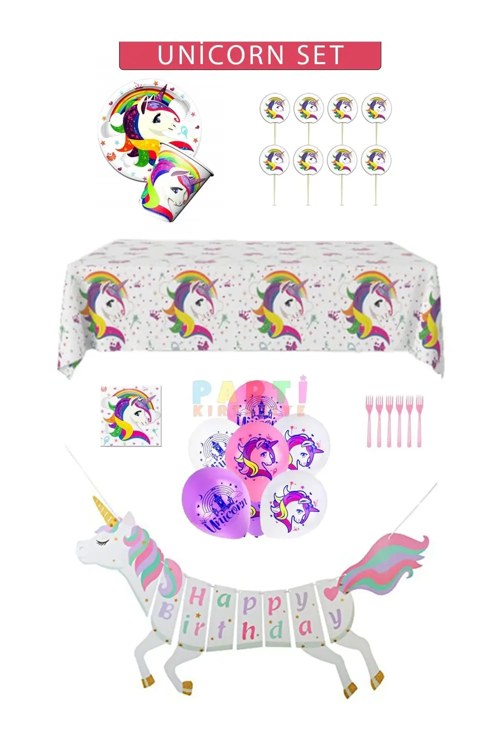 Parti Kırtasiye Unicorn Doğum Günü Parti Malzemeleri Kız Çocuk Ekonomik Set 86 Pa