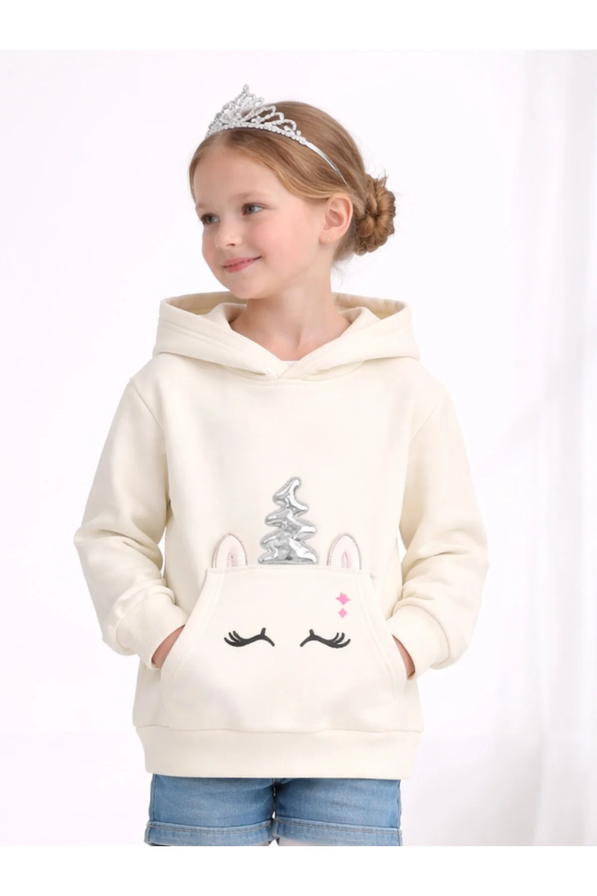 Unicorn Kanguru Cep Kız Pamuklu Çocuk Sweatshirt