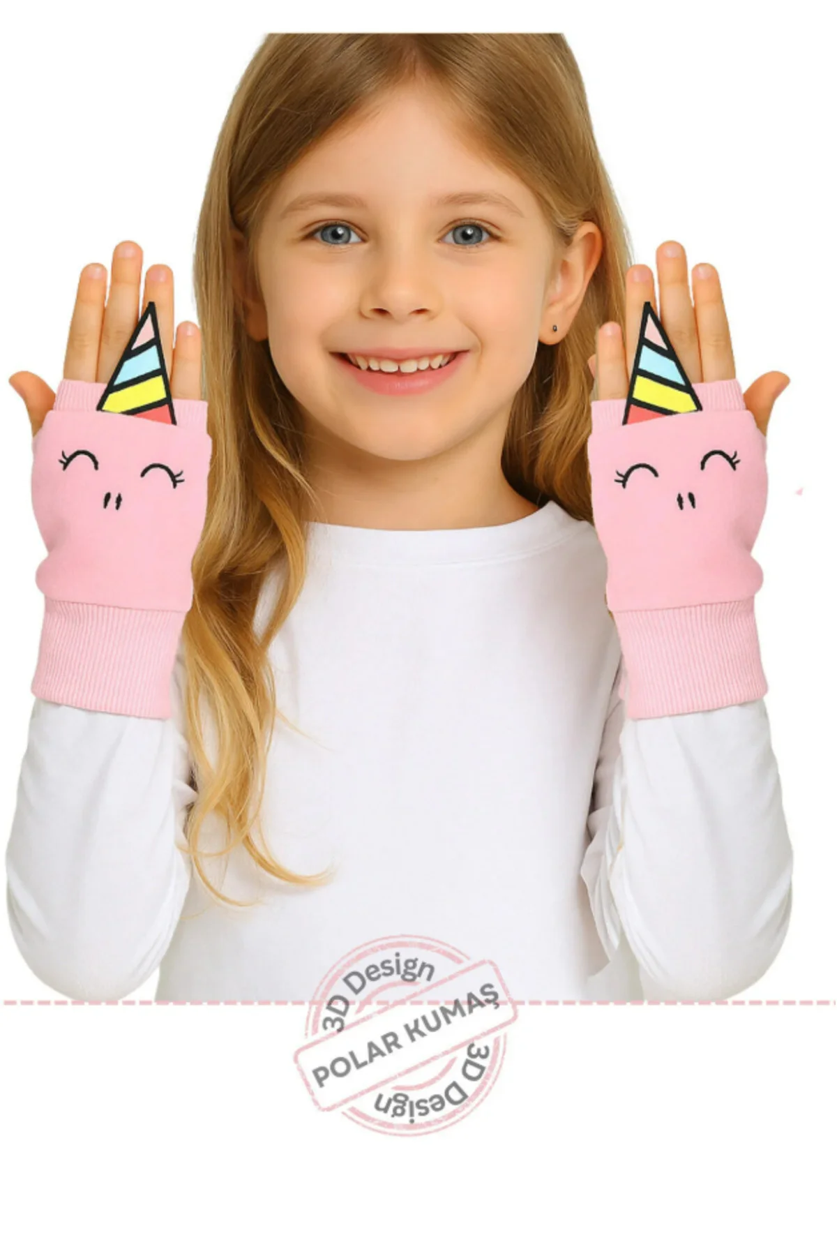 Unicorns 3d Nakışlı Polar Pembe Kız Çocuk Eldiven - Görsel 4