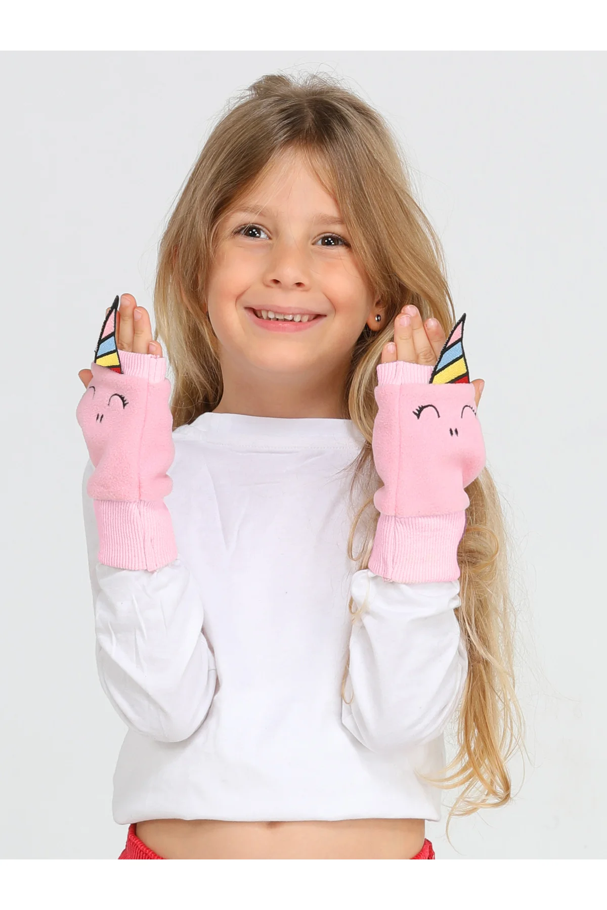Unicorns 3d Nakışlı Polar Pembe Kız Çocuk Eldiven