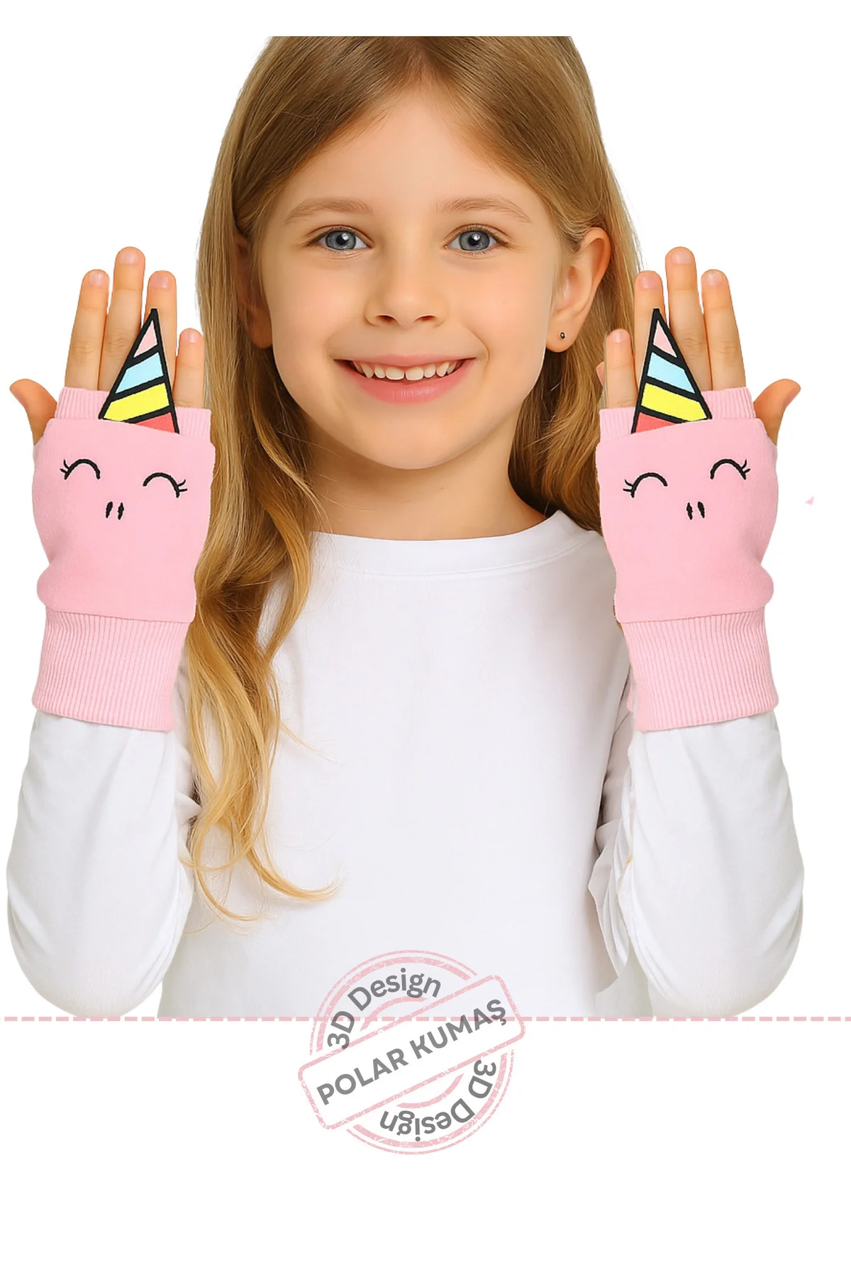 Unicorns 3d Nakışlı Polar Pembe Kız Çocuk Eldiven