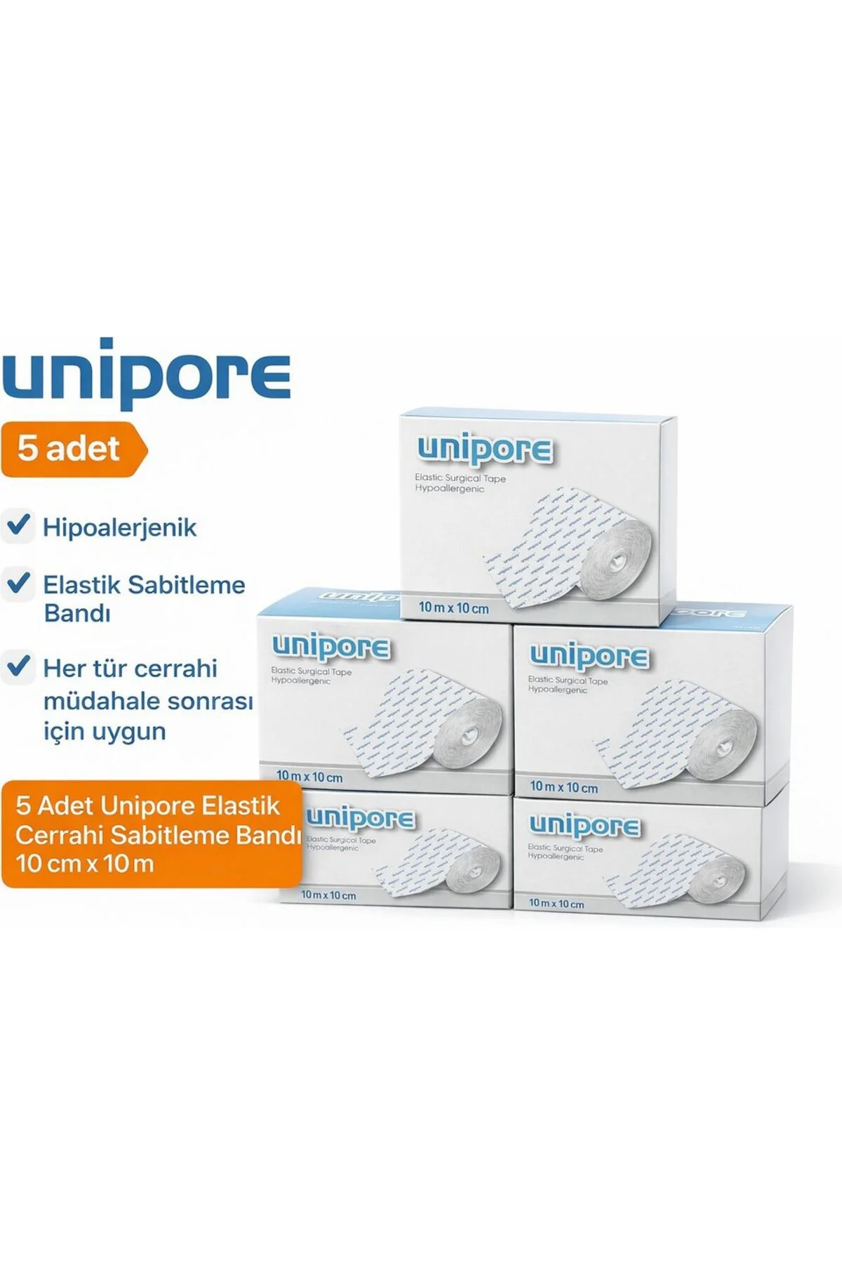 Unipore Elastik Cerrahi Sabitleme Bandı 10 cm x 10 M – 5’li Paket