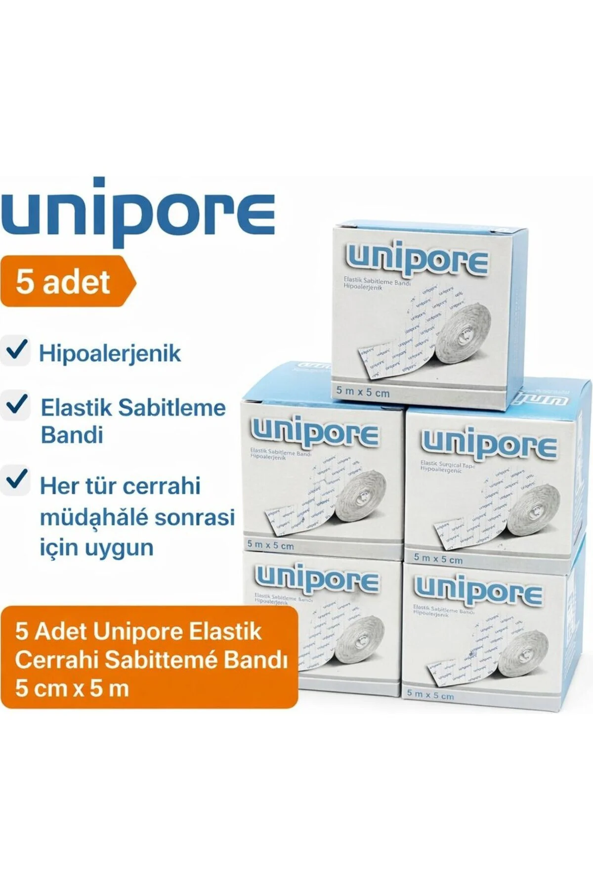 Unipore Elastik Cerrahi Sabitleme Bandı 5 cm x 5 M – 5’li Paket | Hipoalerjenik Medikal Flaster, Yara Örtüsü Sabitleyici Bant