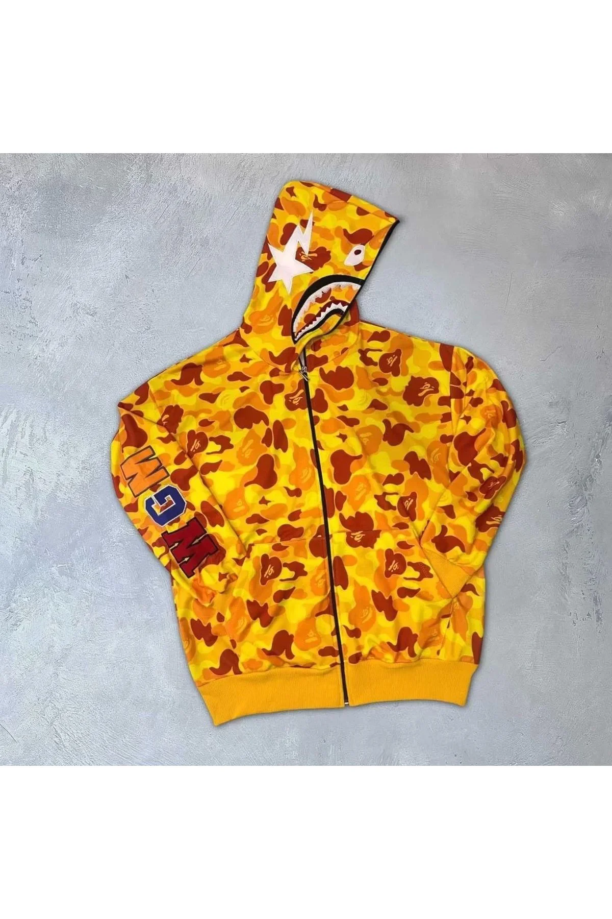 Unisex 2 İplik Bape Kapüşonu Fermuarlı Hırka - Sarı