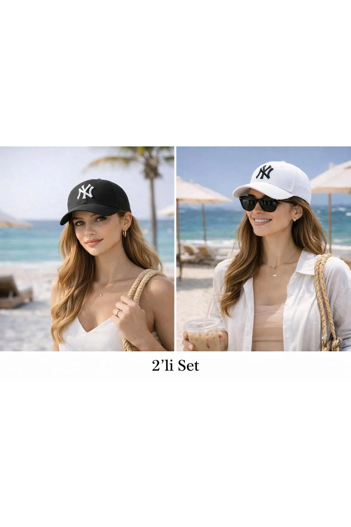 Unisex 2'li Set Ayarlanabilir Şapka, NY Nakışlı Şapka, Kadın,Erke