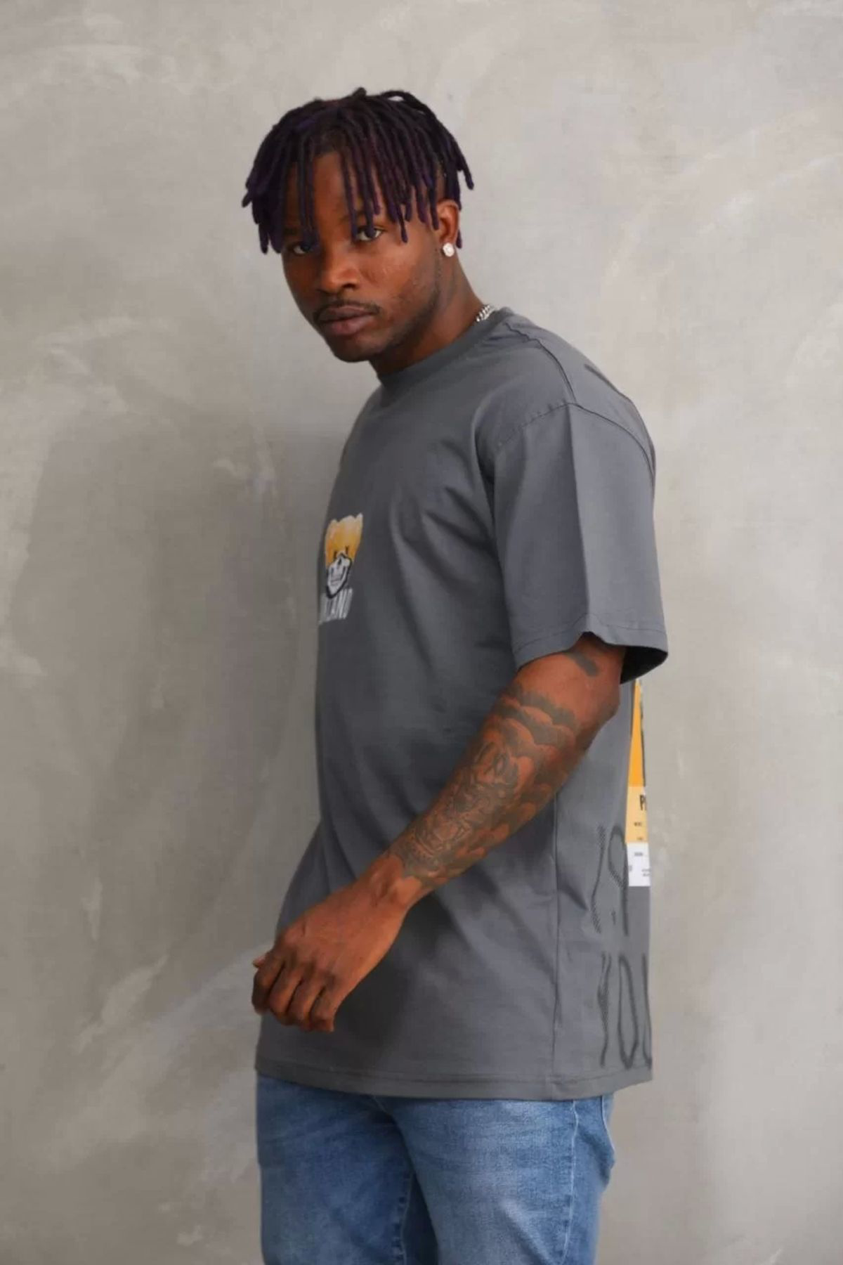 Unisex Baskılı Oversize T-Shirt - Füme