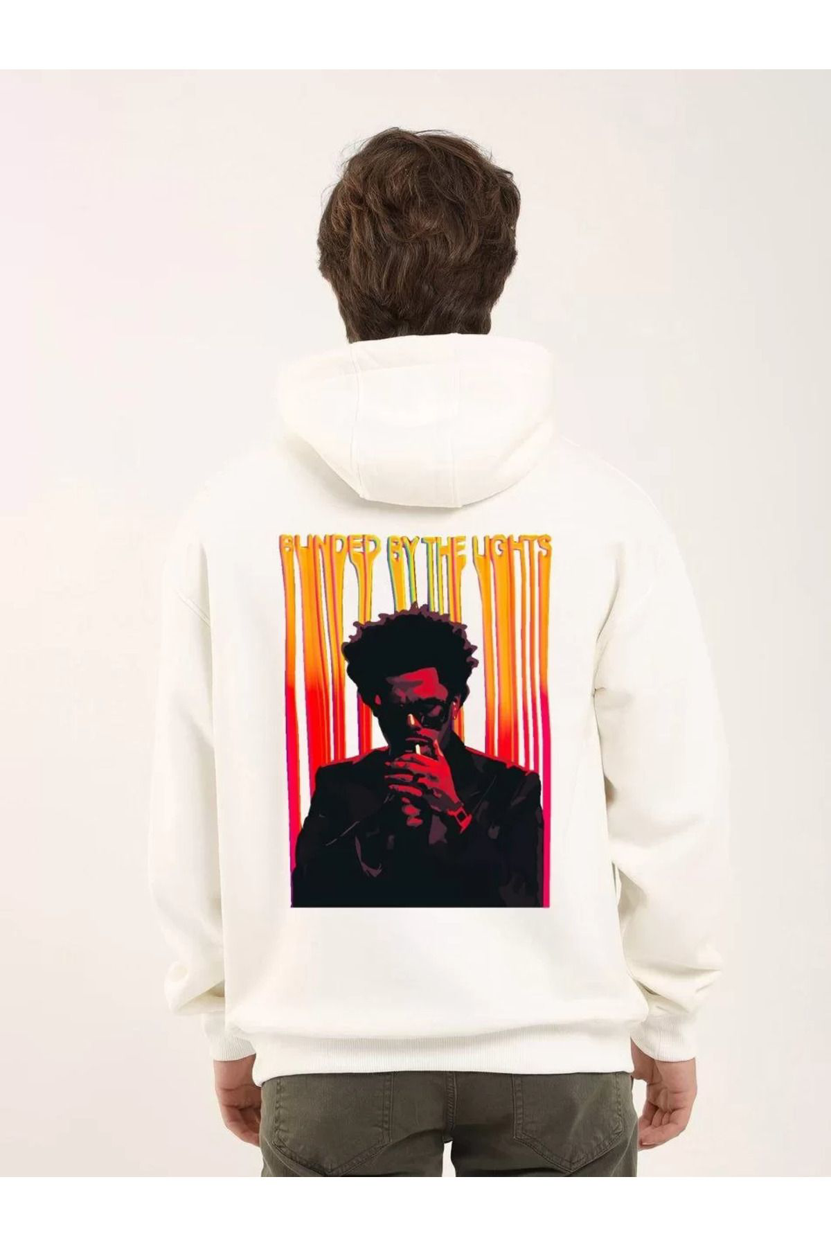 Unisex Baskılı Oversize Üç İplik Kapüşonlu Sweatshirt - Beyaz