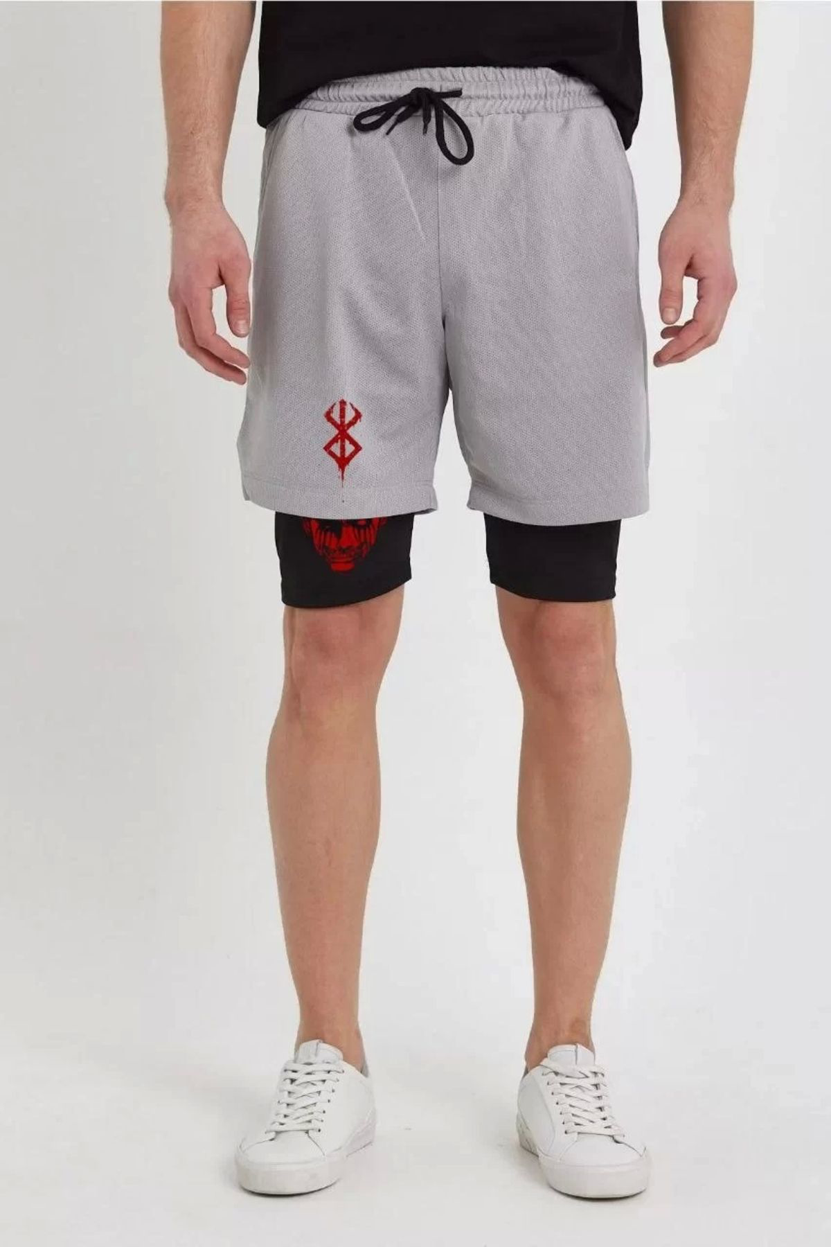 Dododan Unisex Baskılı İç Cepli Sporcu Alt Taytlı Şort - Gri