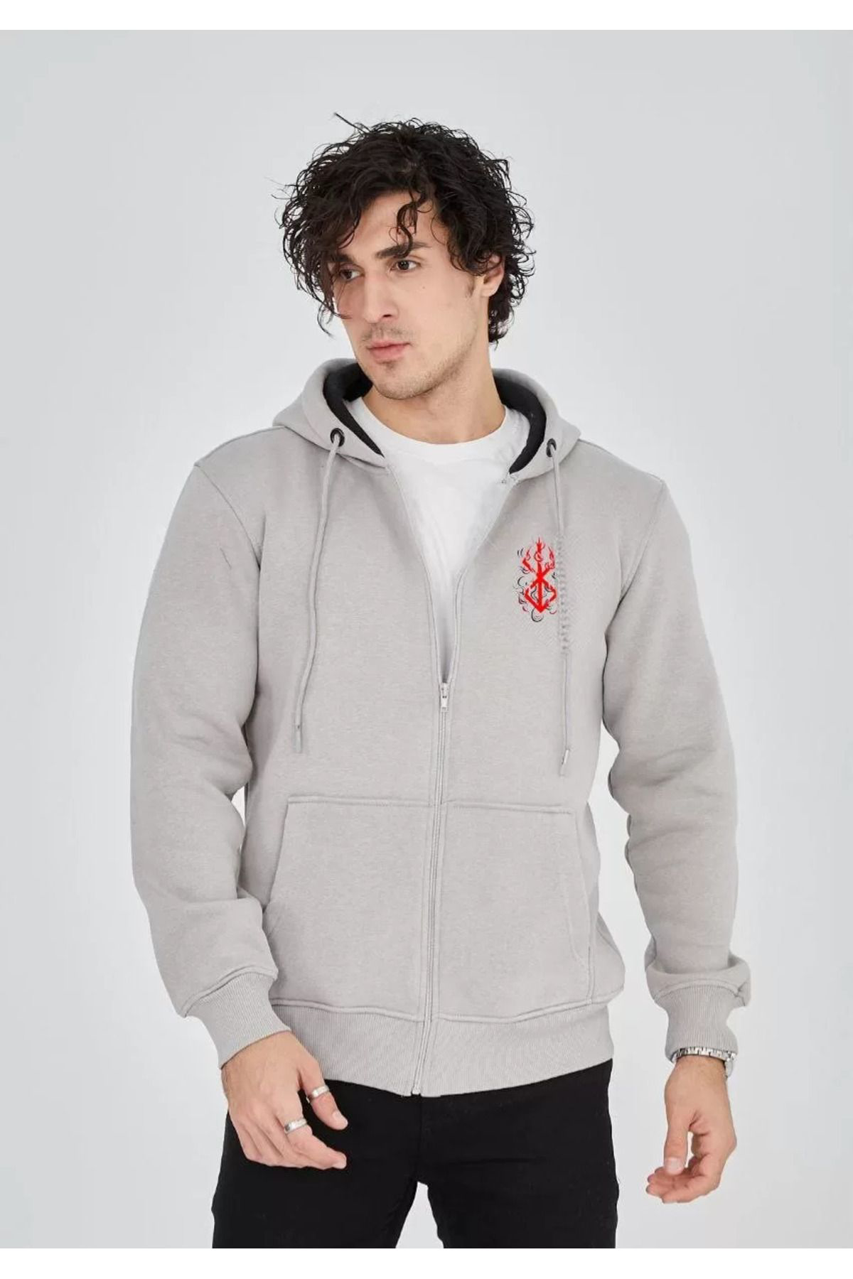 Unisex Baskılı Tam Fermuarlı Kapşonlu Sweatshirt - Boyalı Gri