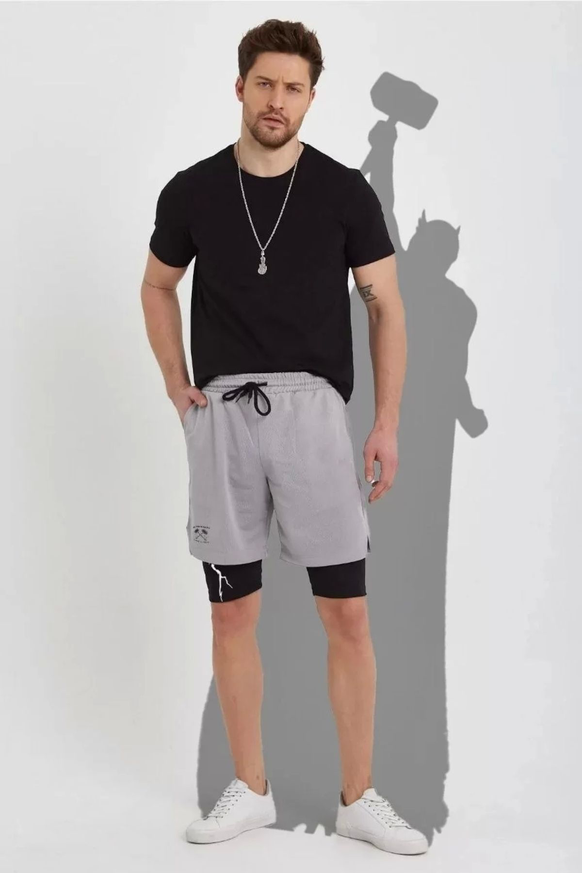 Sobe Hediyelik Unisex Baskılı İç Cepli Sporcu Alt Taytlı Şort - Gri