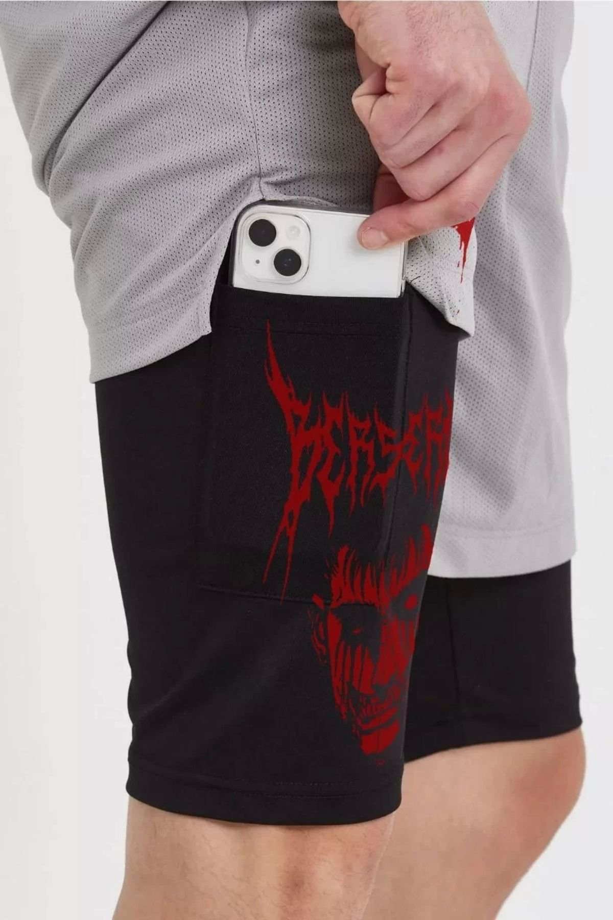 Dododan Unisex Baskılı İç Cepli Sporcu Alt Taytlı Şort - Gri