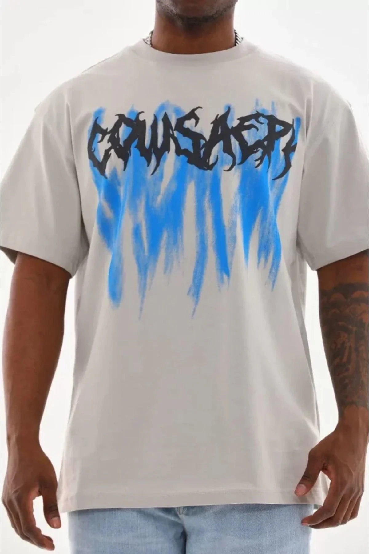 Unisex Baskılı Oversize T-Shirt - Gri