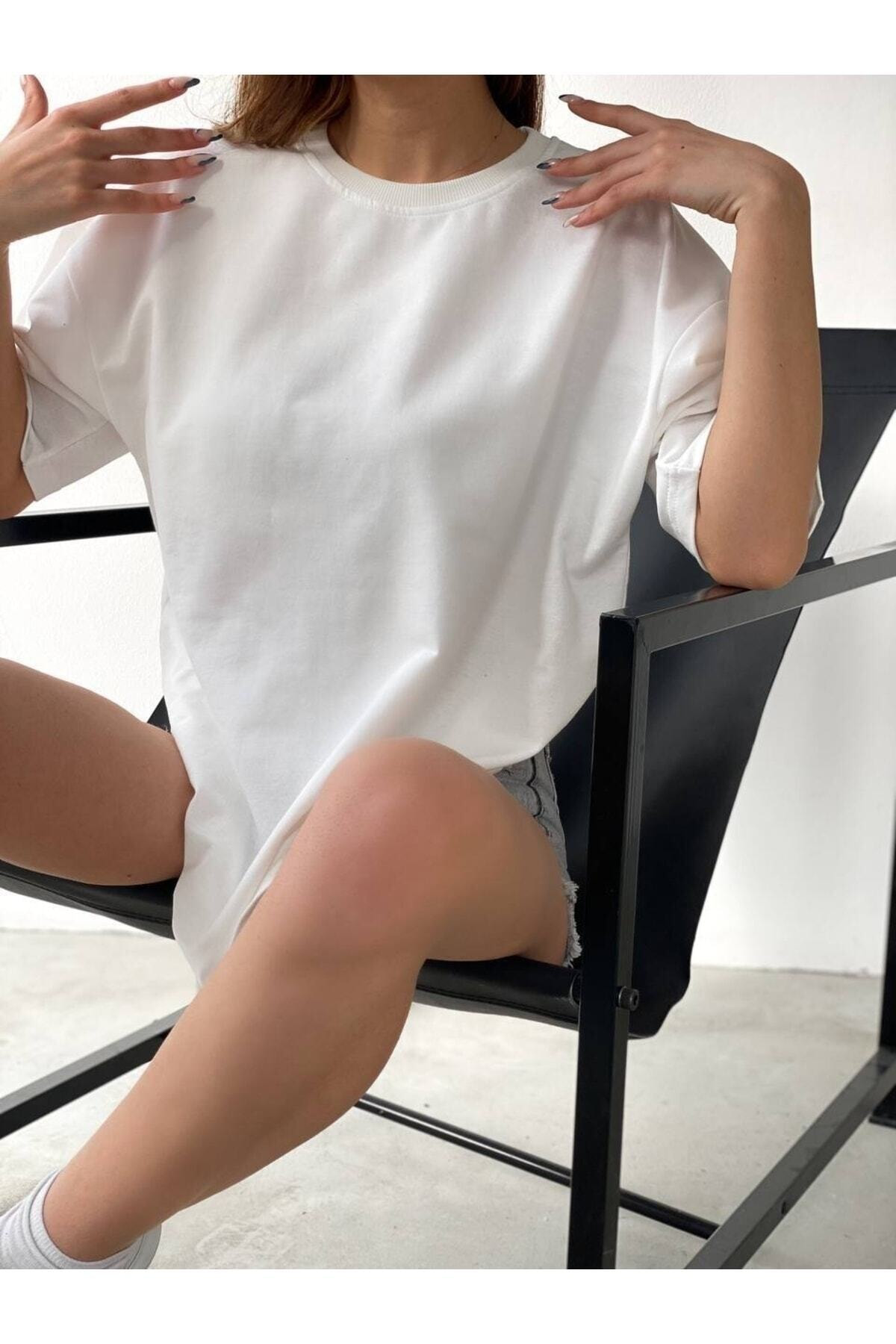 Jakarli Unisex Baskılı Pamuk Beyaz Bisiklet Yaka Oversize Boyfriend T-Shi