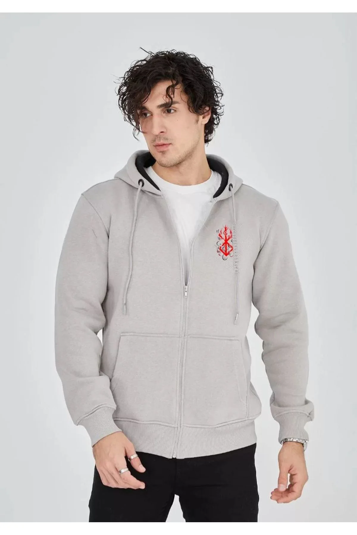 Unisex Baskılı Tam Fermuarlı Kapşonlu Sweatshirt - Boyalı Gri