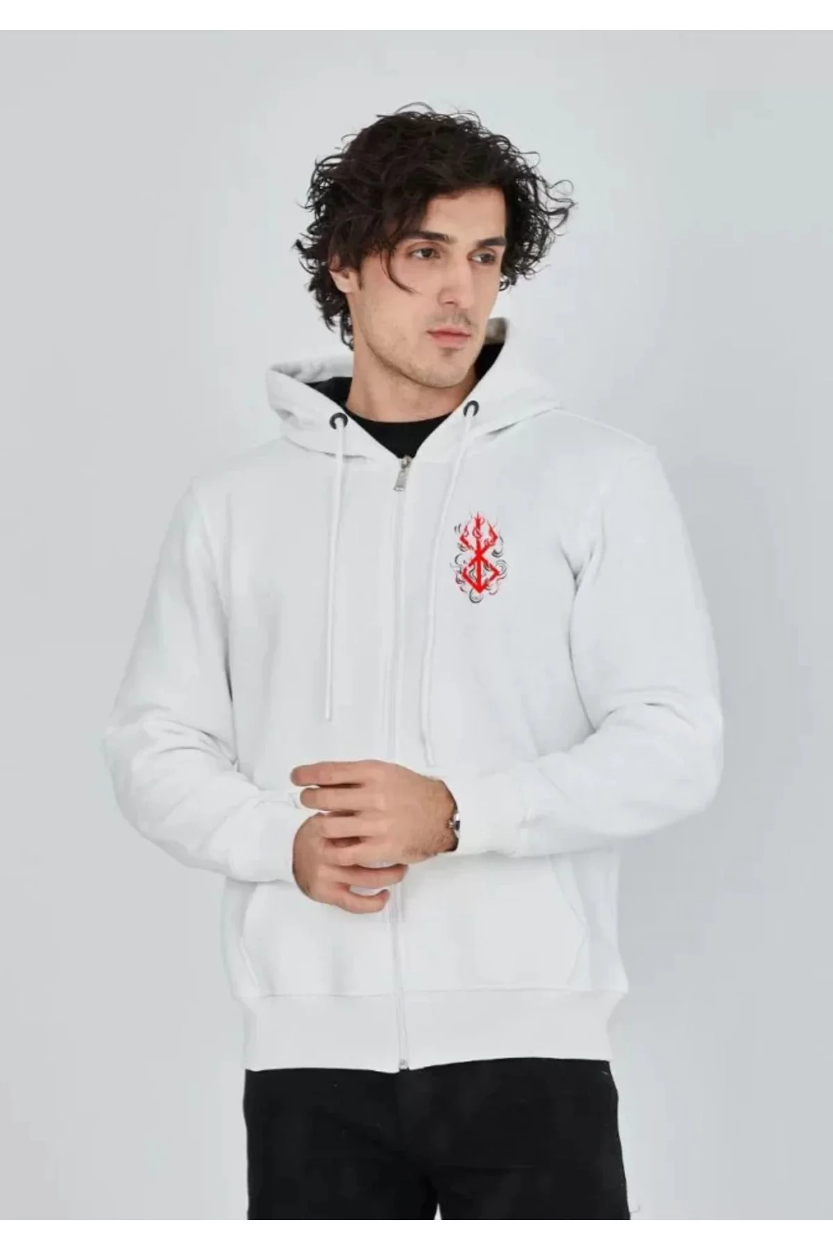 Unisex Baskılı Tam Fermuarlı Kapşonlu SweatShirt - Beyaz