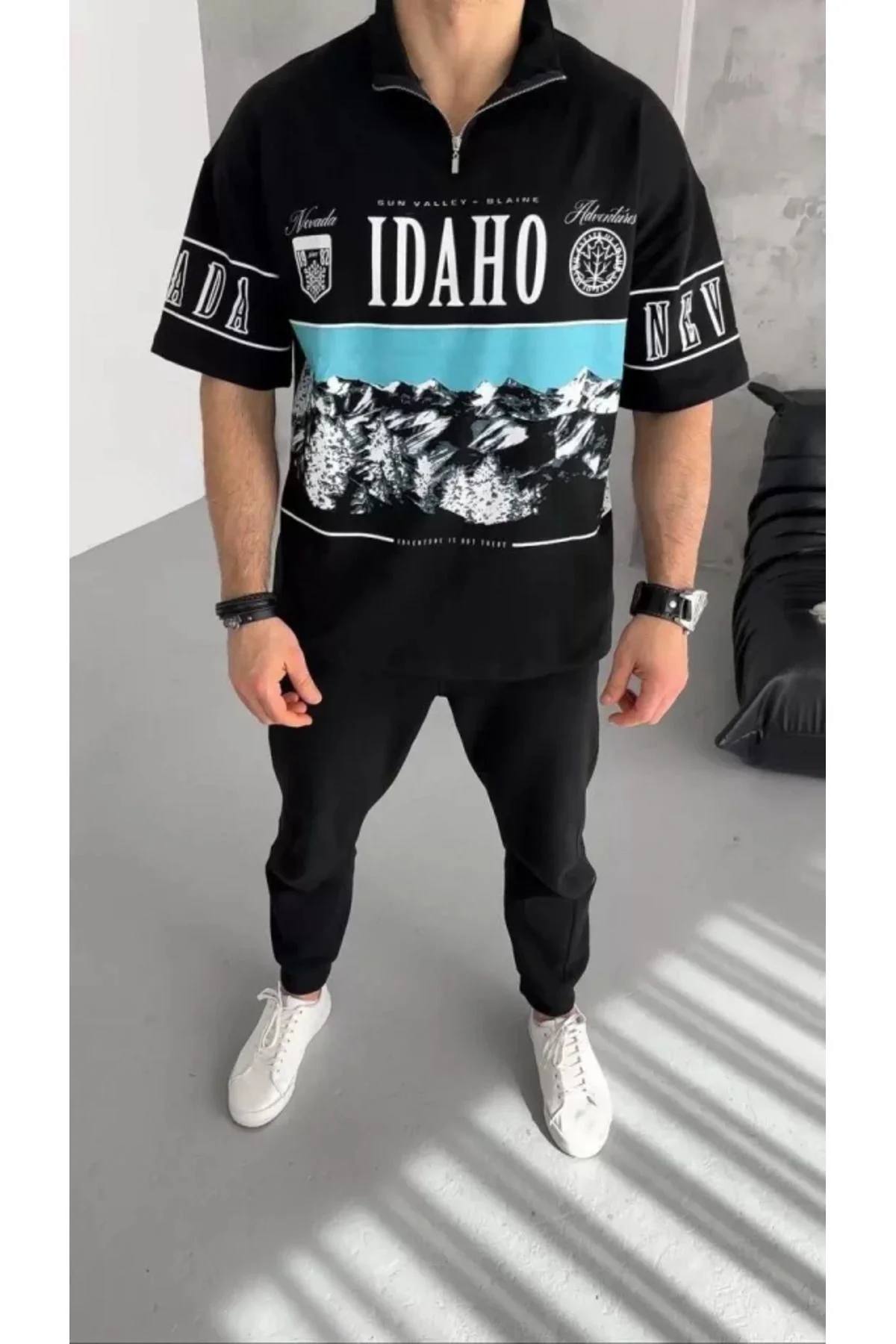 Unisex Baskılı Yarım Fermuarlı T-Shirt - Siyah