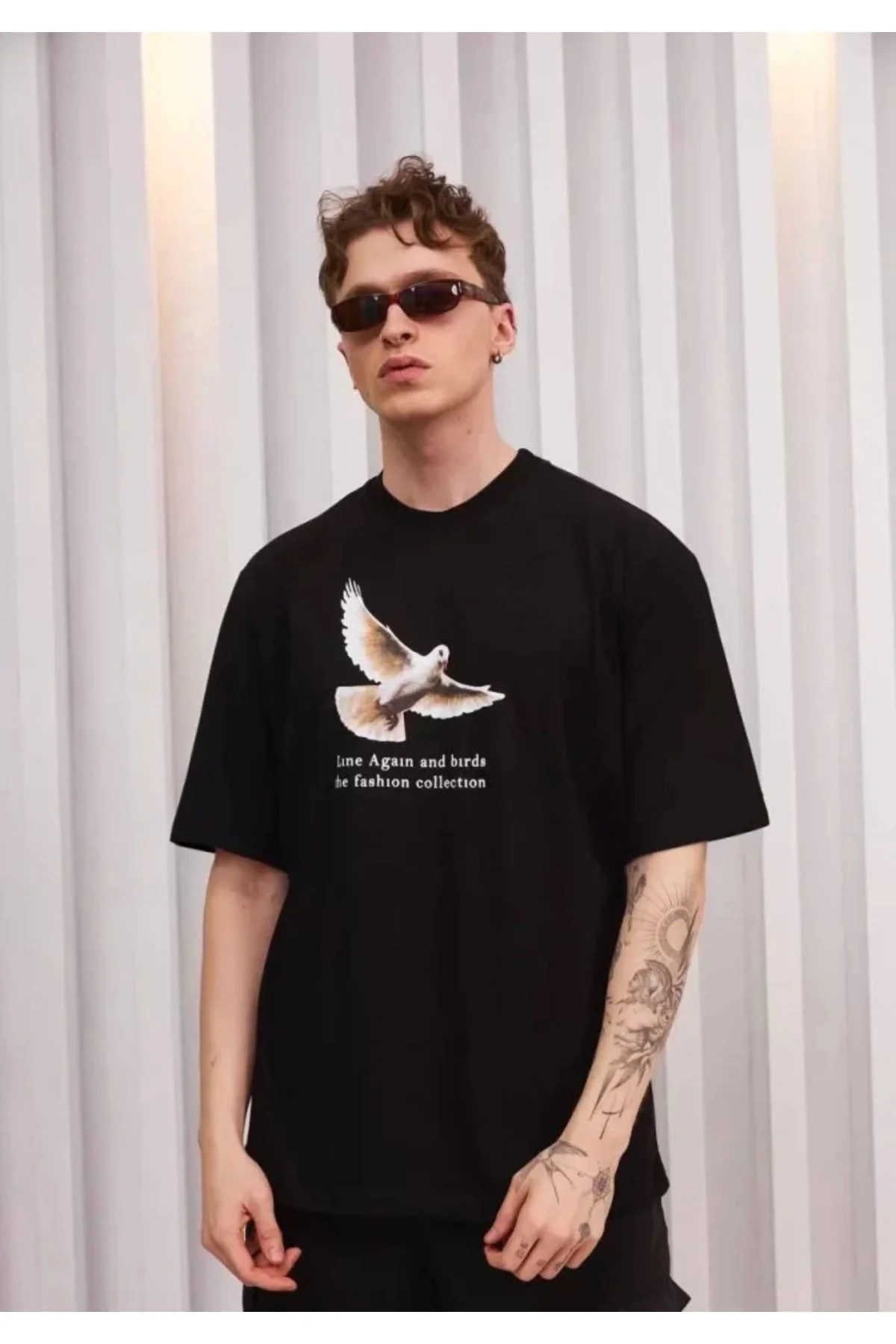 Unisex Bisiklet Yaka Baskılı Oversize T-Shirt - Siyah