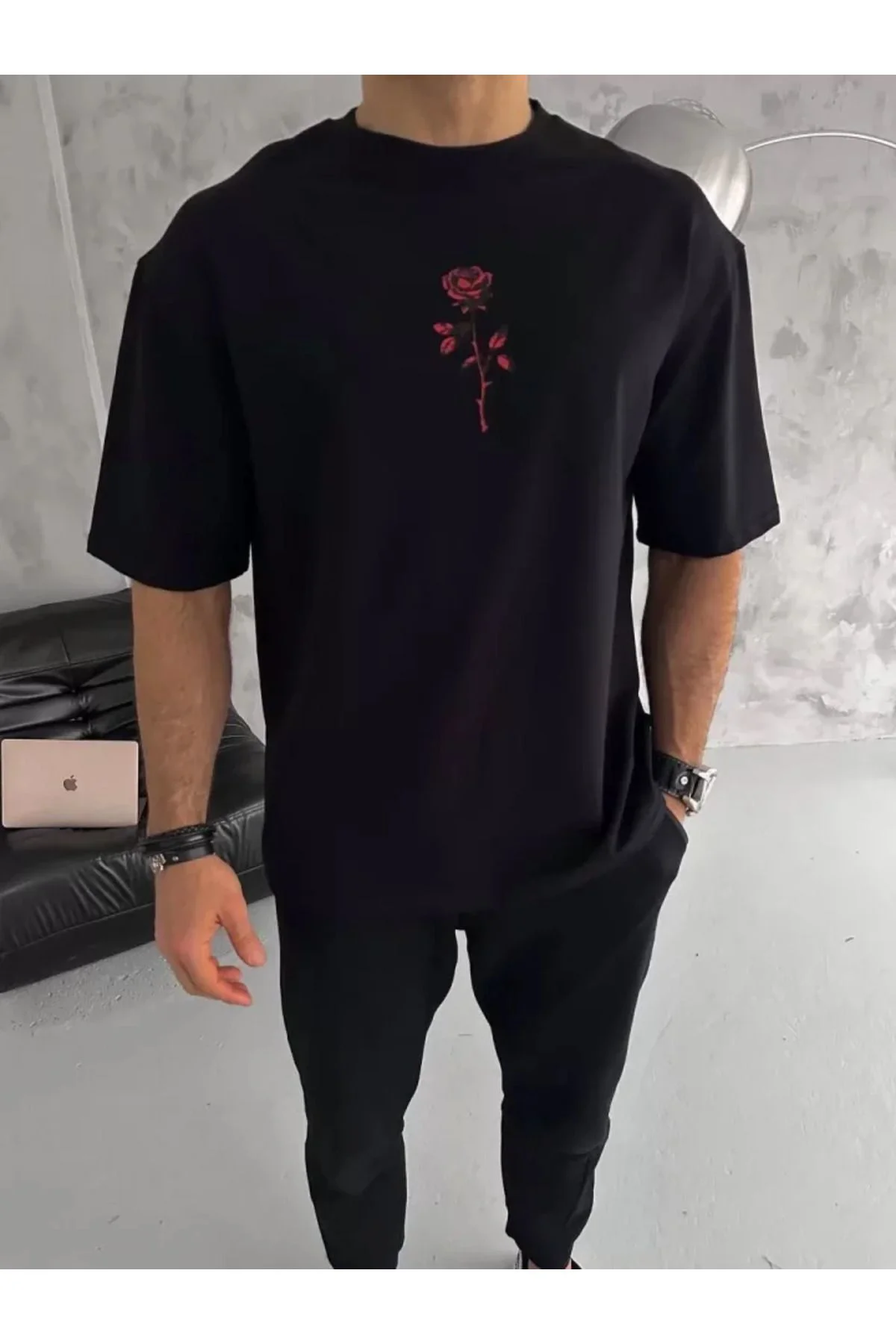Unisex Bisiklet Yaka Baskılı Oversize T-Shirt - Siyah
